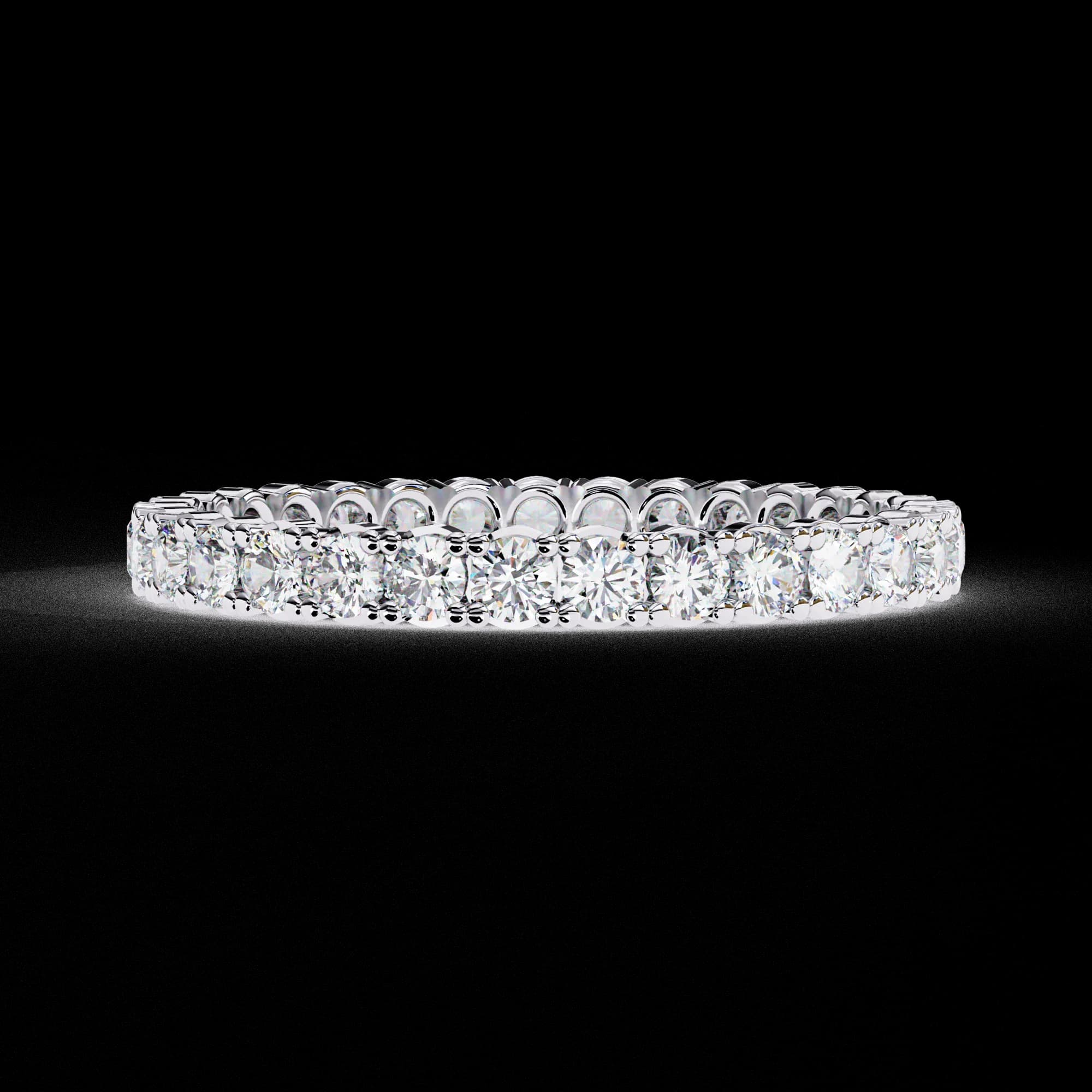Round lab grown diamond full eternity wedding band in white gold, front view