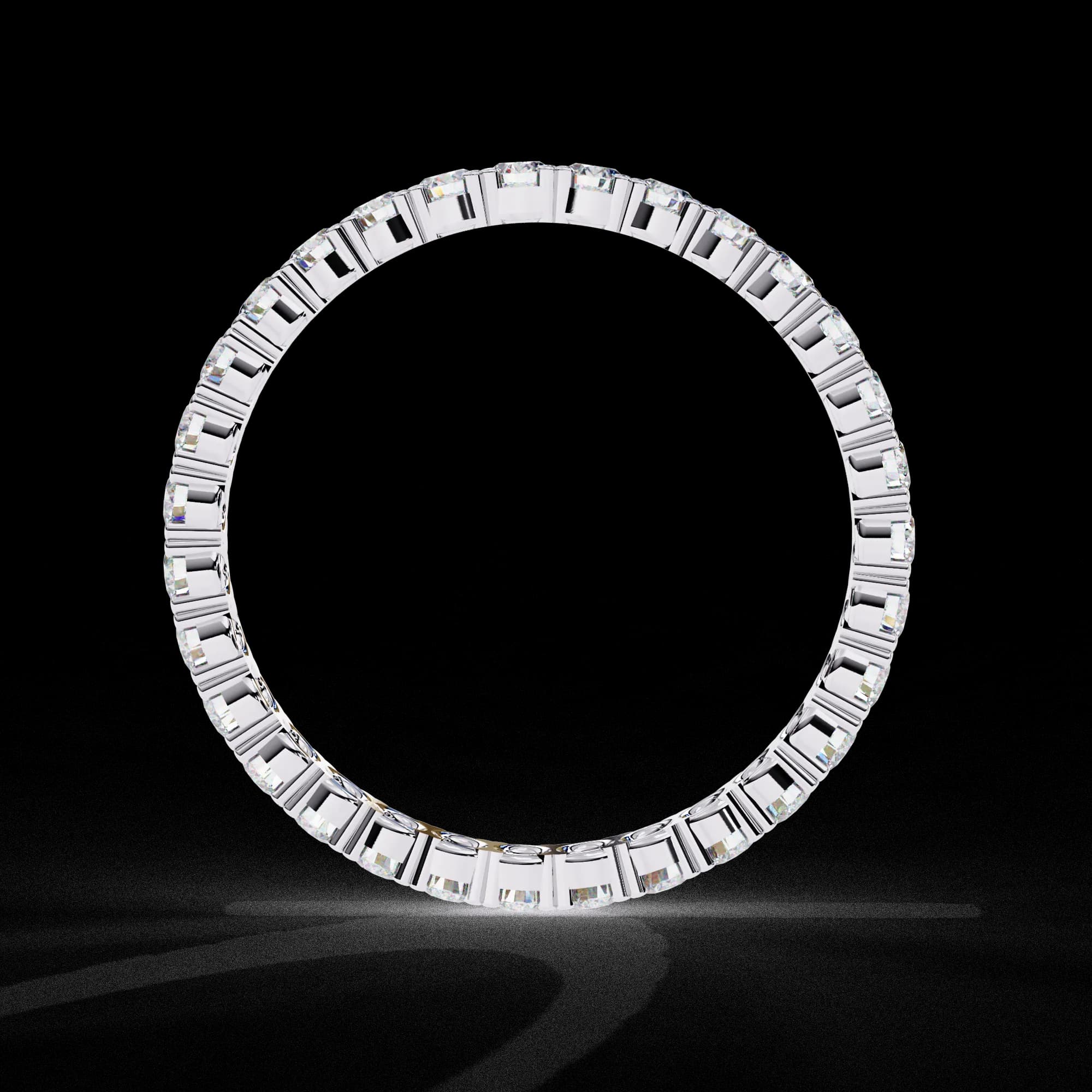 Round lab grown diamond full eternity wedding band in white gold, through-finger view