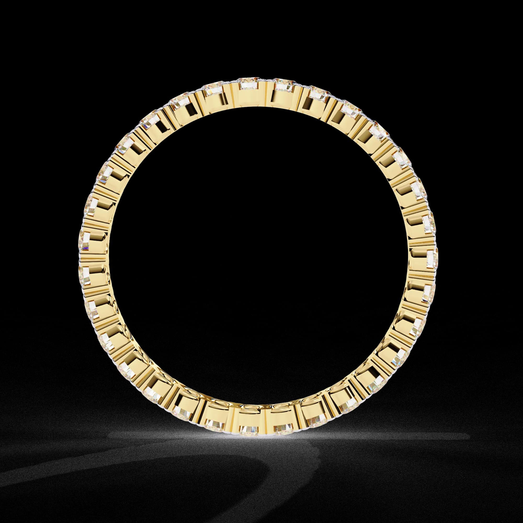 Round lab grown diamond full eternity wedding band in yellow gold, through-finger view