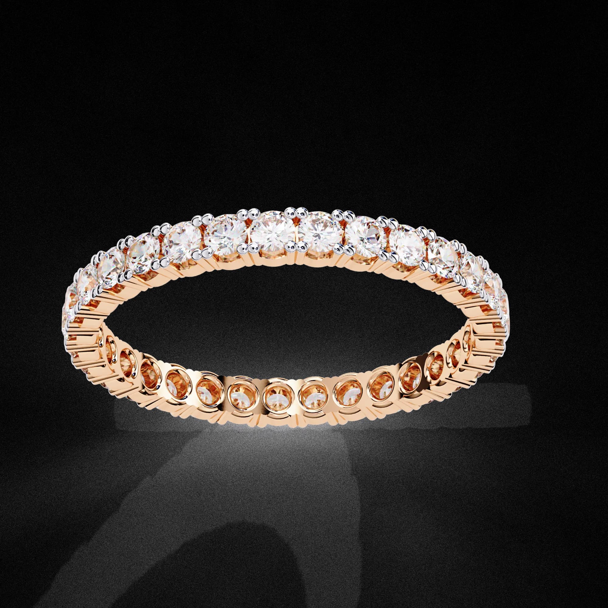 Round lab grown diamond full eternity wedding band in rose gold, angled view