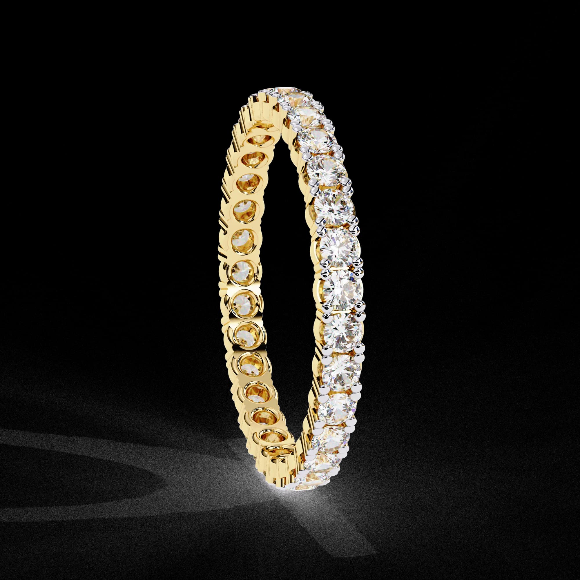 Round lab grown diamond full eternity wedding band in yellow gold, side profile view