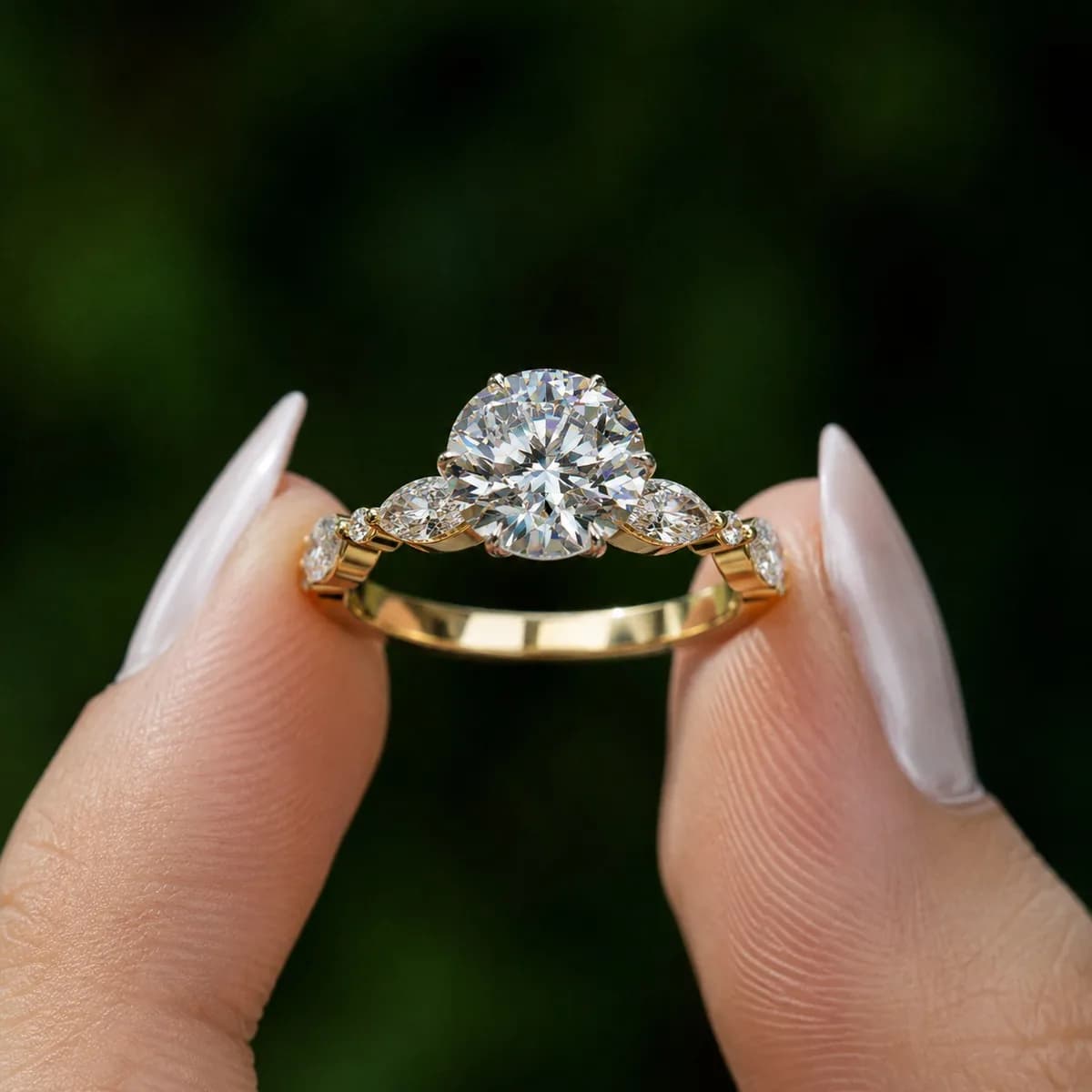 Round lab grown diamond engagement ring with marquise side stones in yellow gold held between fingertips