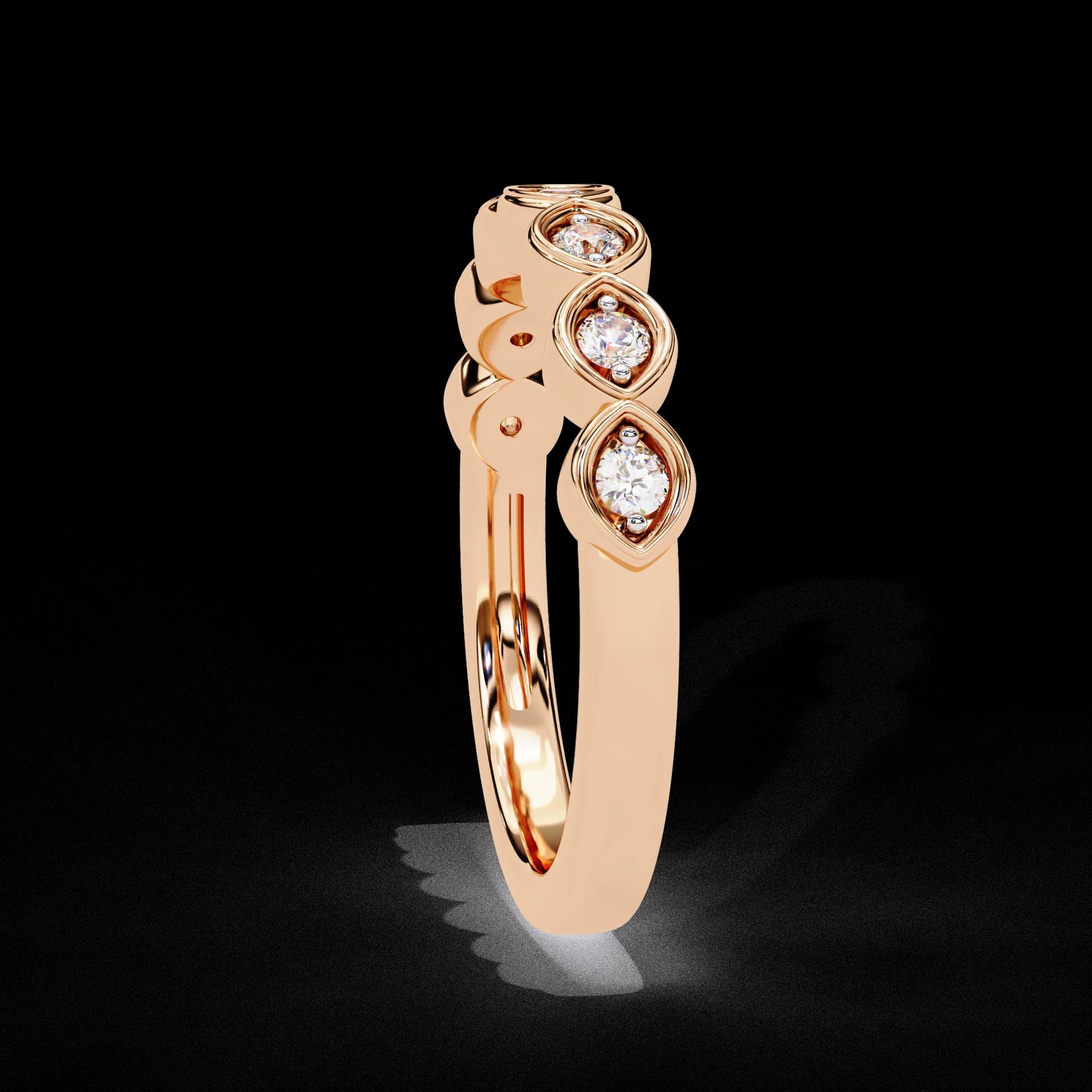 Round lab grown diamond marquise frame half eternity wedding band in rose gold, profile view