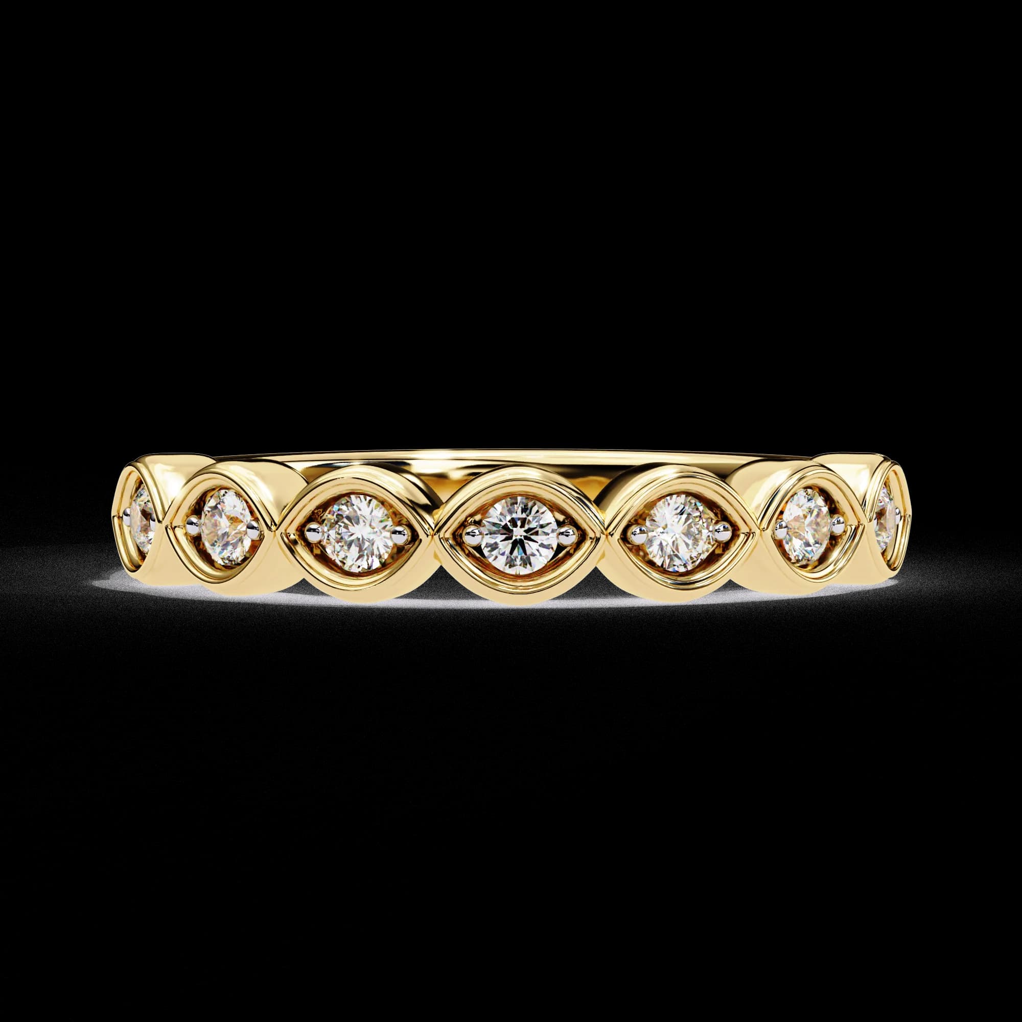 Round lab grown diamond marquise frame half eternity wedding band in yellow gold, front view