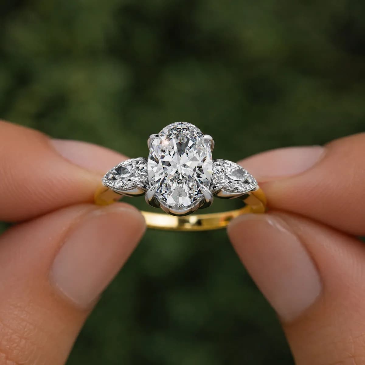 Oval lab grown diamond three-stone engagement ring with pear side stones in yellow gold held between fingertips
