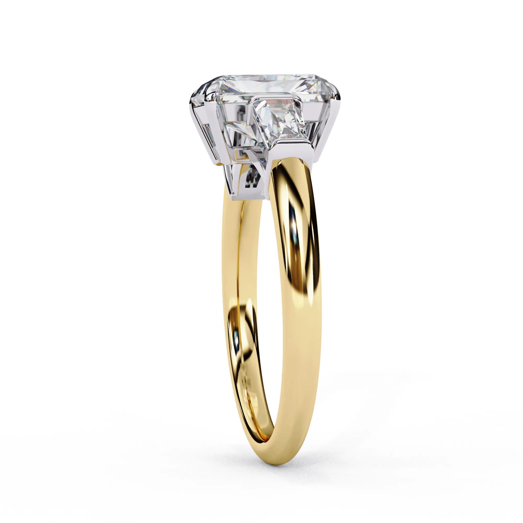 Radiant cut lab grown diamond three stone baguette engagement ring in yellow gold, side profile view