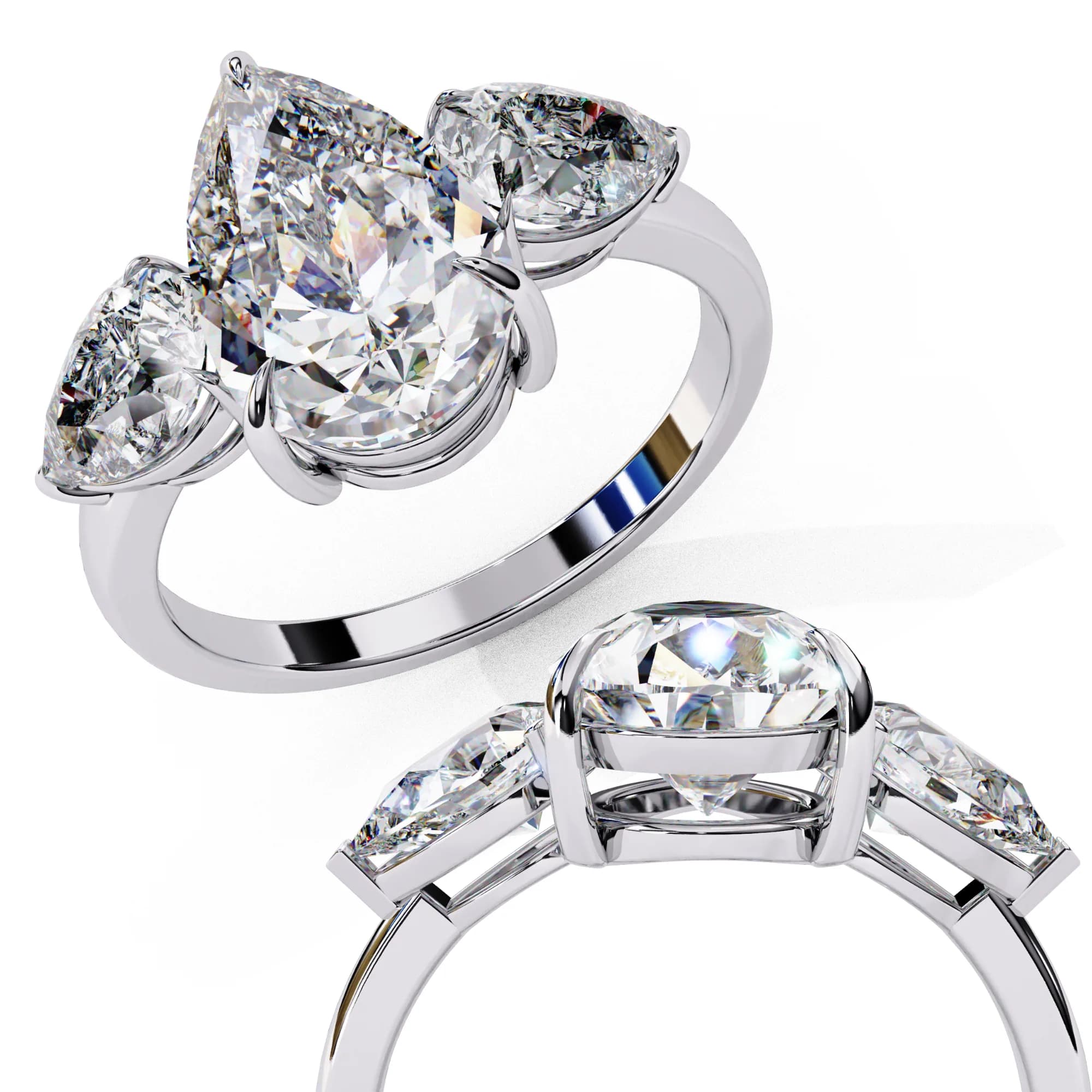 Pear cut lab grown diamond three-stone engagement ring in white gold, shown from two angles