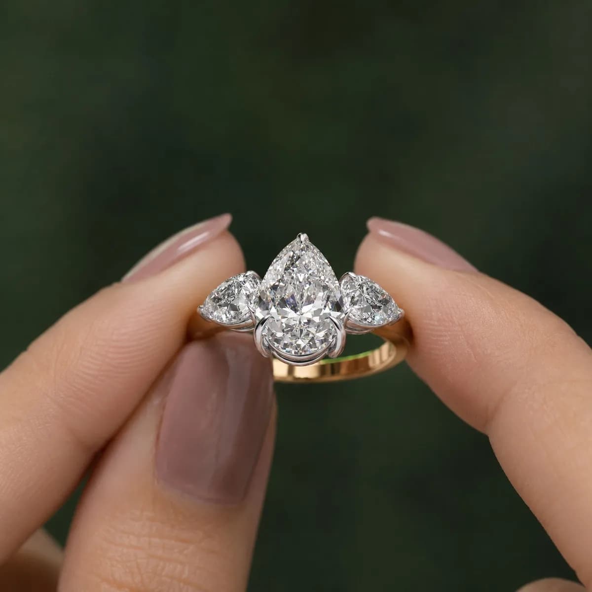 Pear cut lab grown diamond three-stone engagement ring in yellow gold held between fingertips