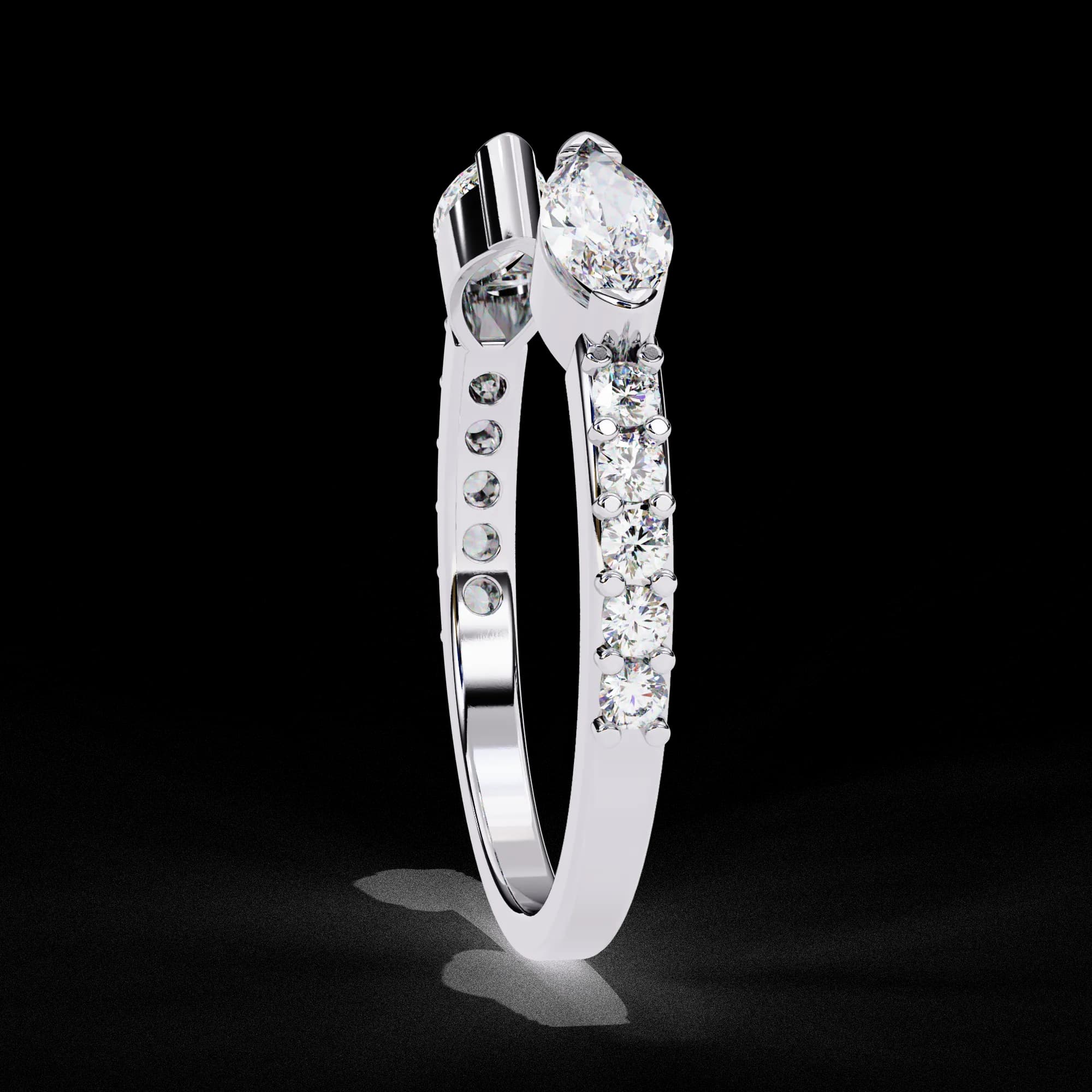 Marquise cut lab grown diamond open cuff ring in white gold, side profile view