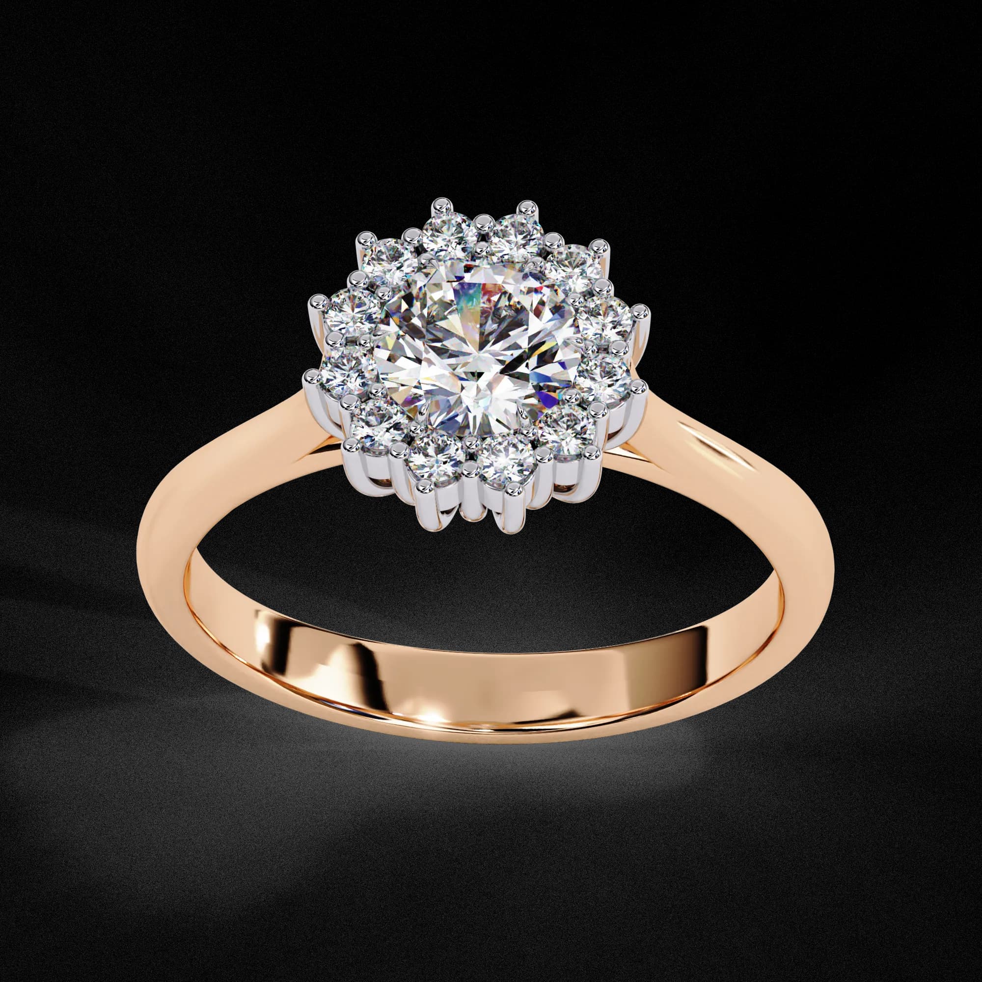 Round lab grown diamond cluster halo engagement ring in rose gold, angled view