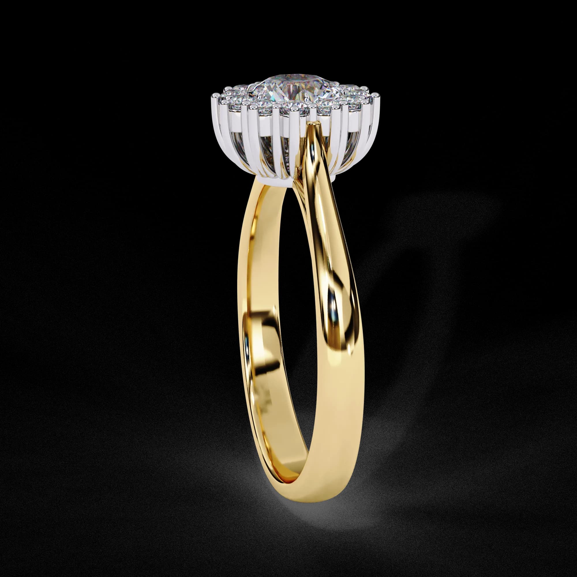 Round lab grown diamond cluster halo engagement ring in yellow gold, side profile view