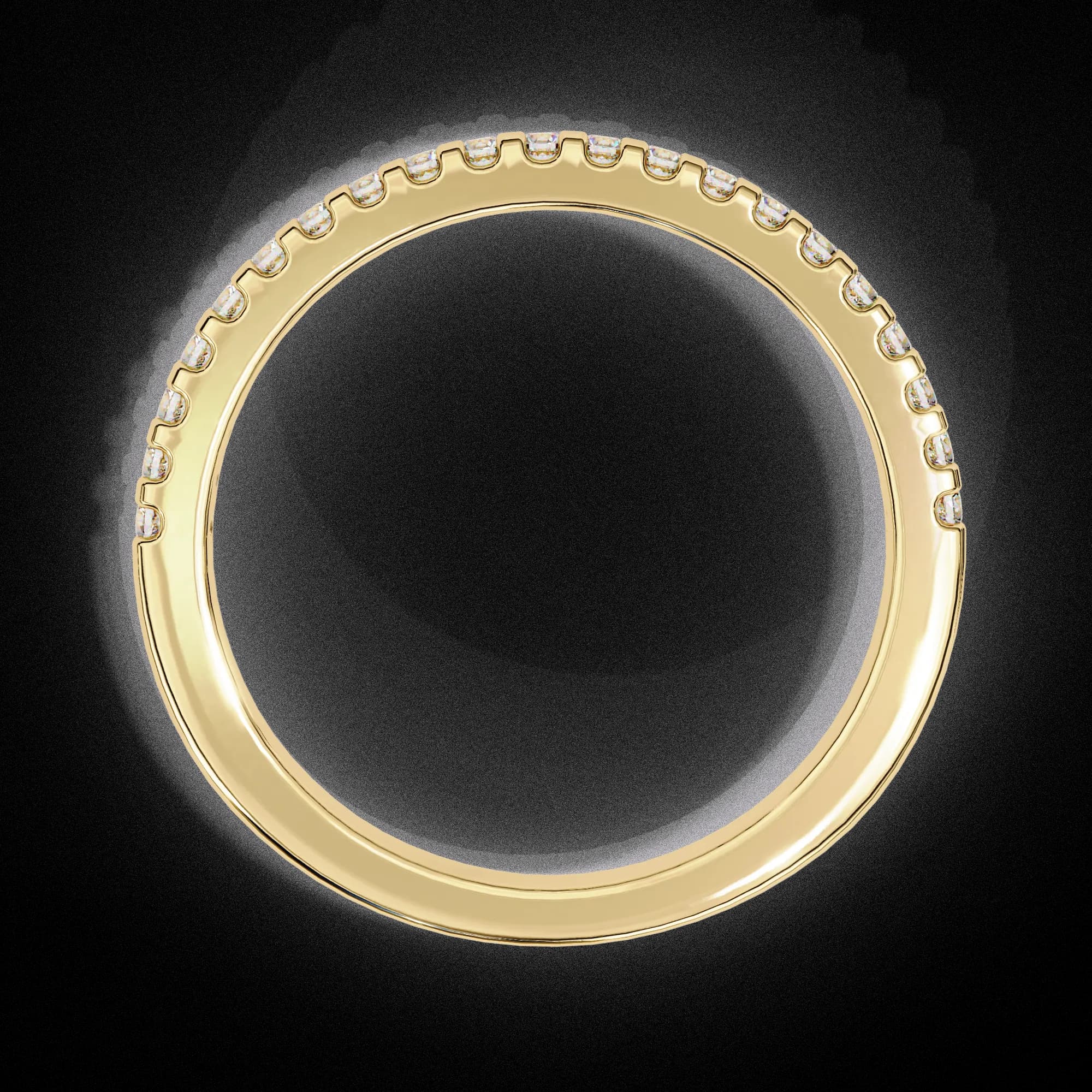 Round lab grown diamond pavé half eternity band in yellow gold, through-finger view