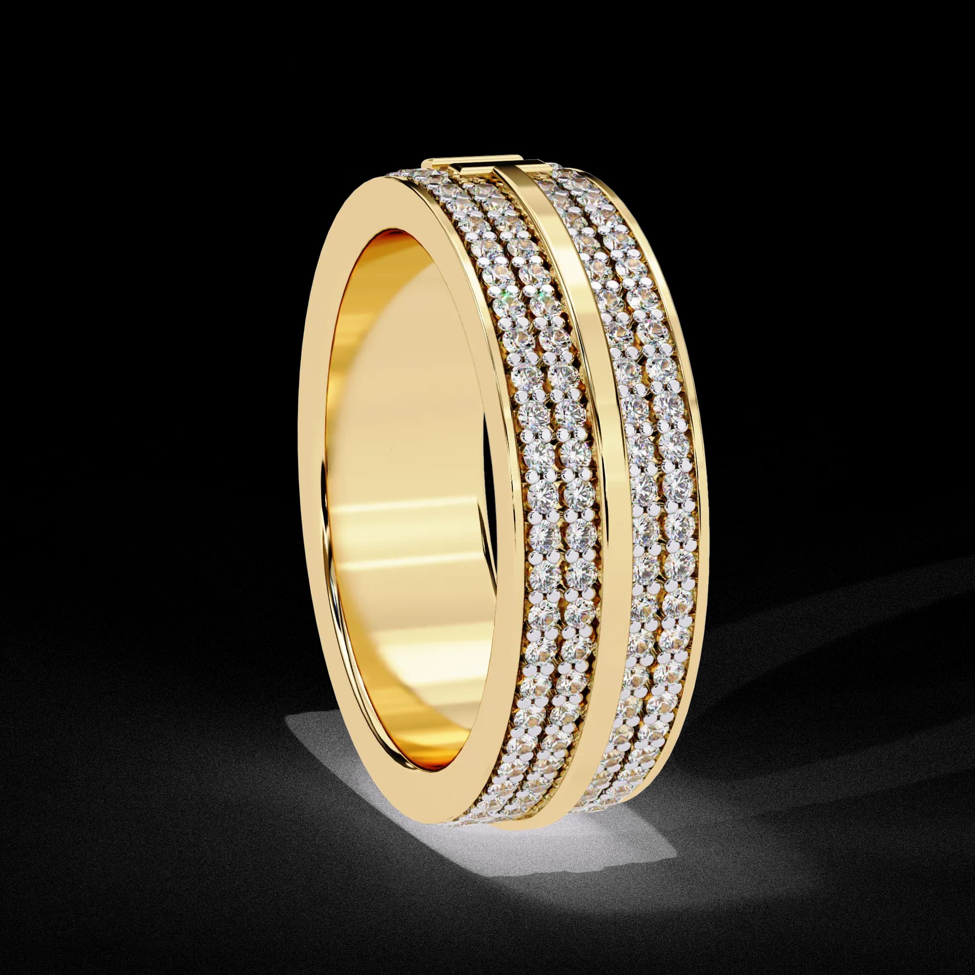 Wide four-row pavé lab grown diamond eternity band in yellow gold, side profile view