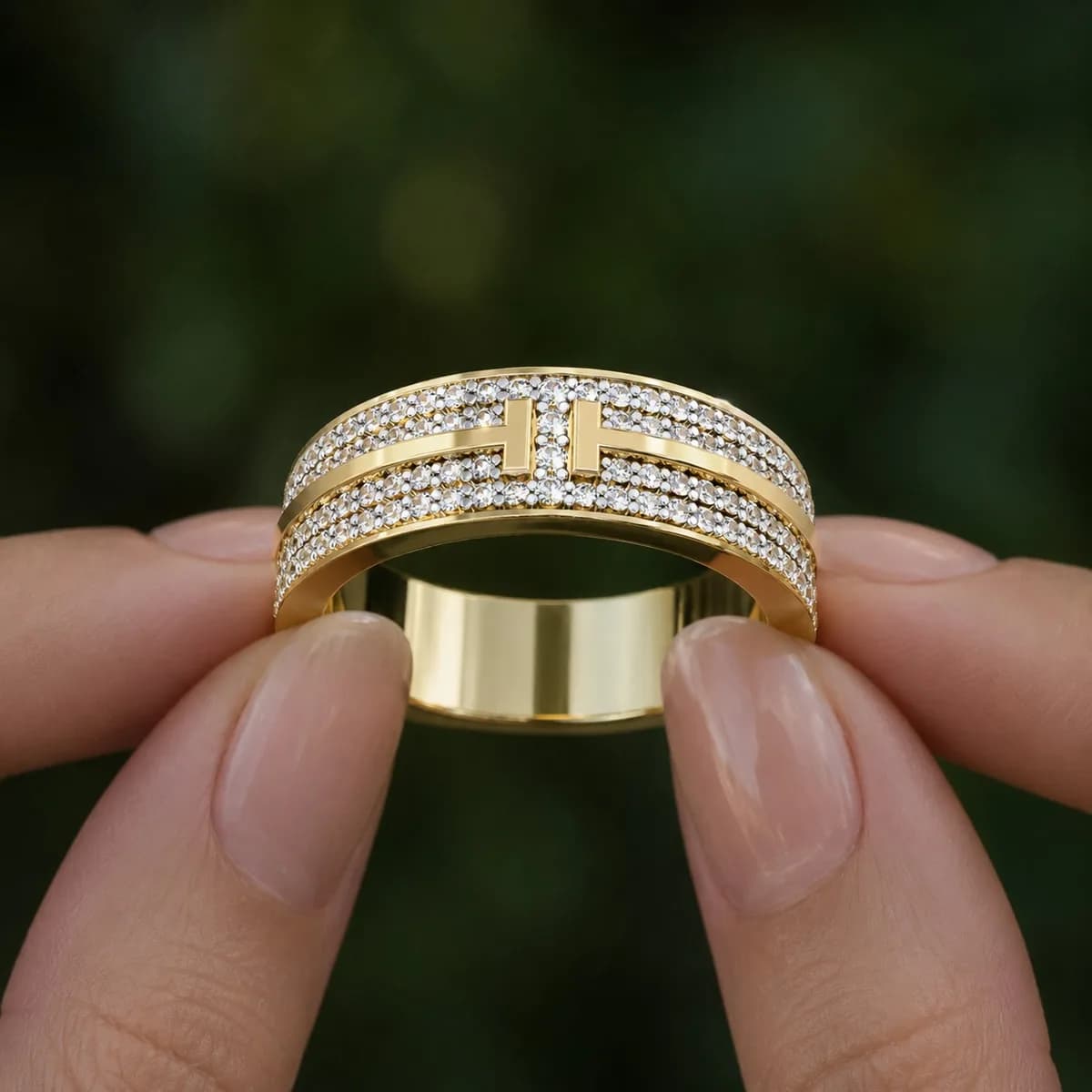 Wide four-row pavé lab grown diamond eternity band in yellow gold held between fingertips
