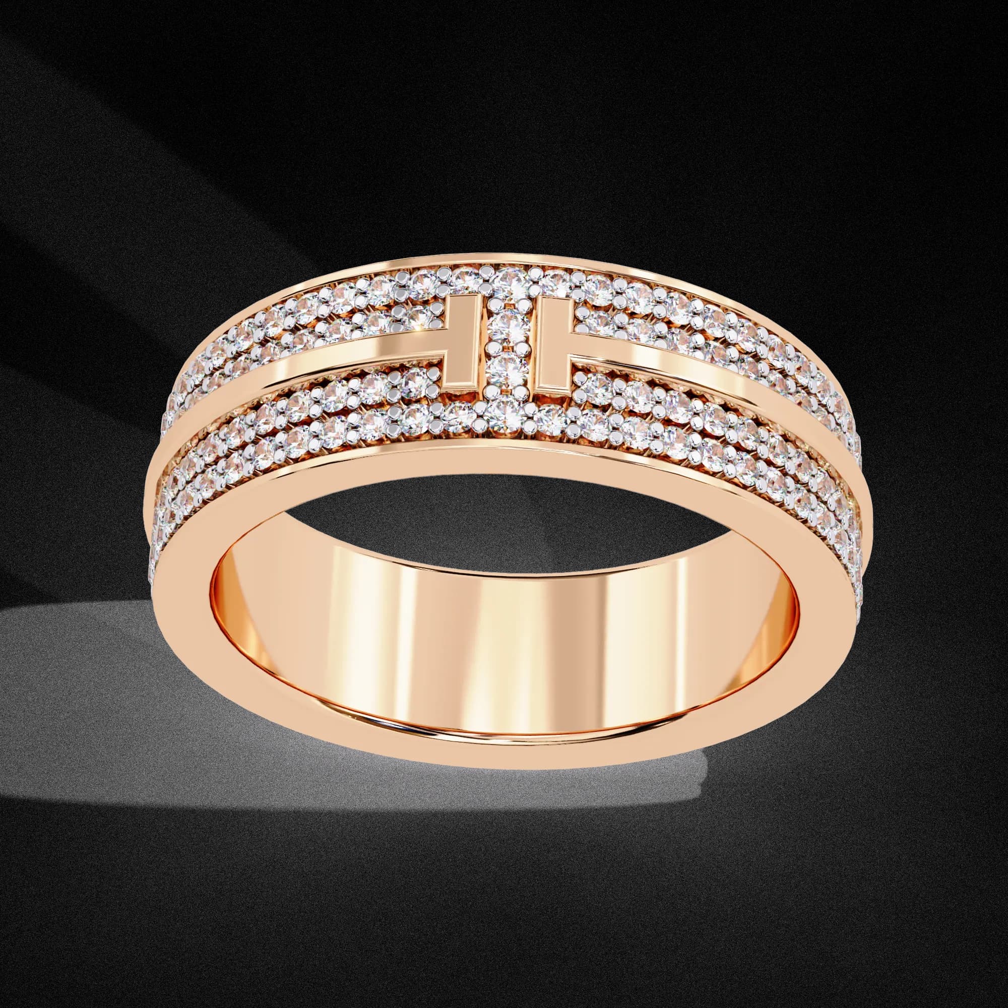 Wide four-row pavé lab grown diamond eternity band in rose gold, angled view