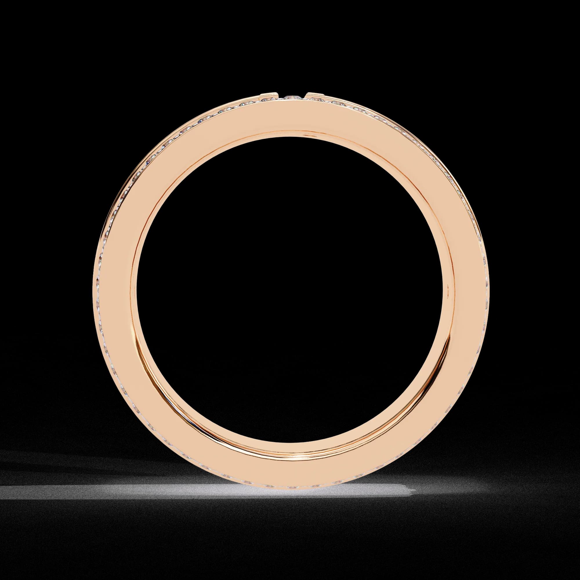 Wide four-row pavé lab grown diamond eternity band in rose gold, through-finger view