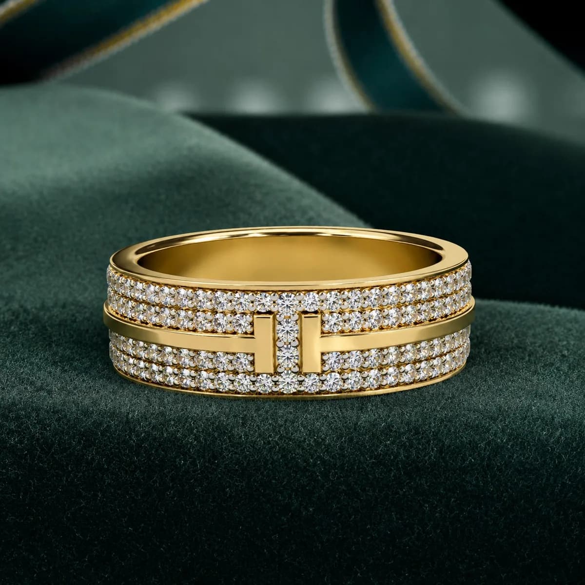 Wide four-row pavé lab grown diamond eternity band in yellow gold resting on green velvet