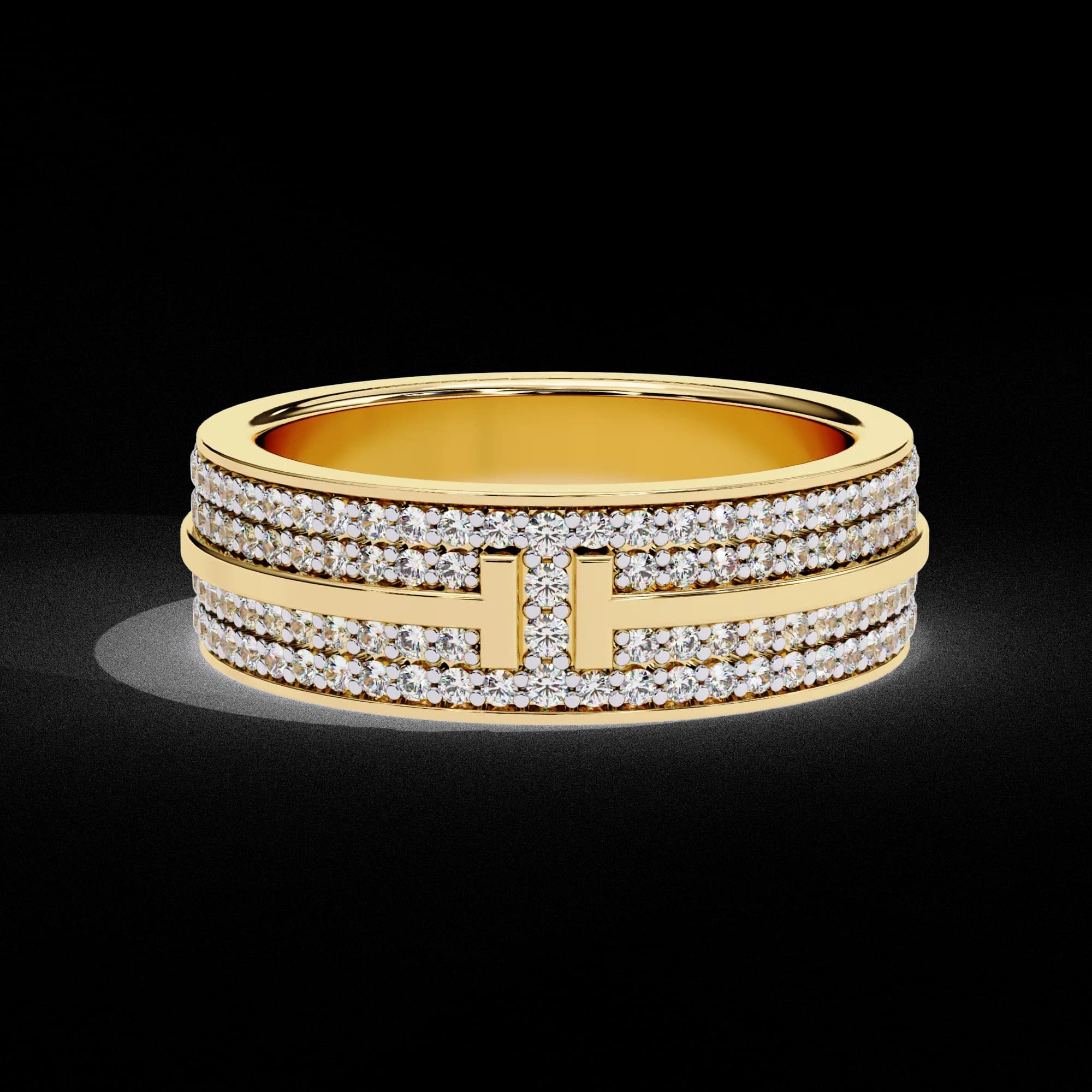 Wide four-row pavé lab grown diamond eternity band in yellow gold, front view