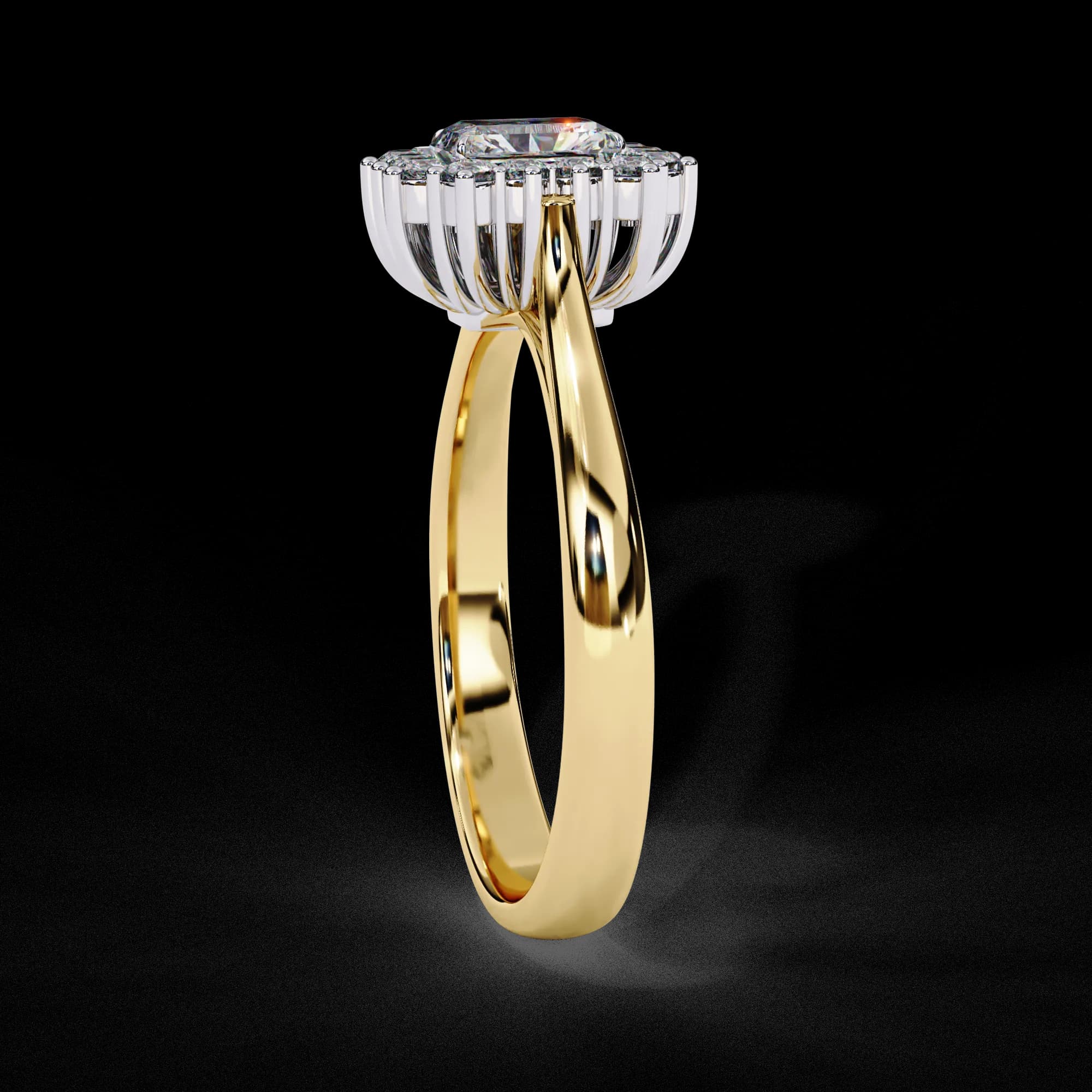Emerald cut lab grown diamond cluster halo engagement ring in yellow gold, side profile view