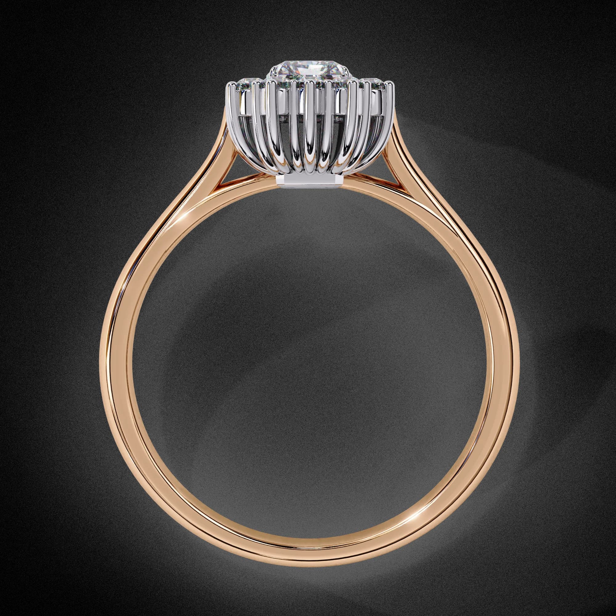 Emerald cut lab grown diamond cluster halo engagement ring in rose gold, through-finger view