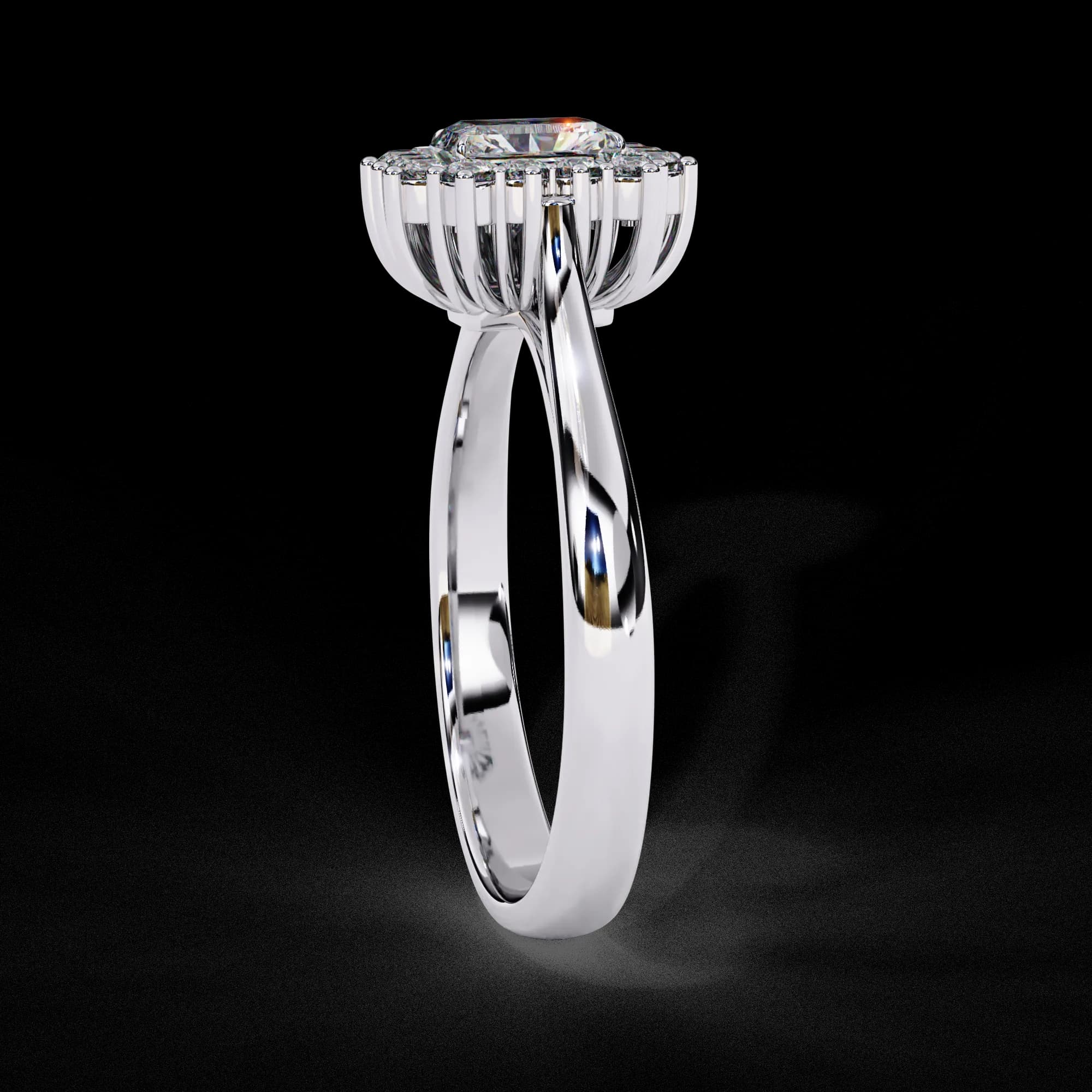 Emerald cut lab grown diamond cluster halo engagement ring in white gold, side profile view