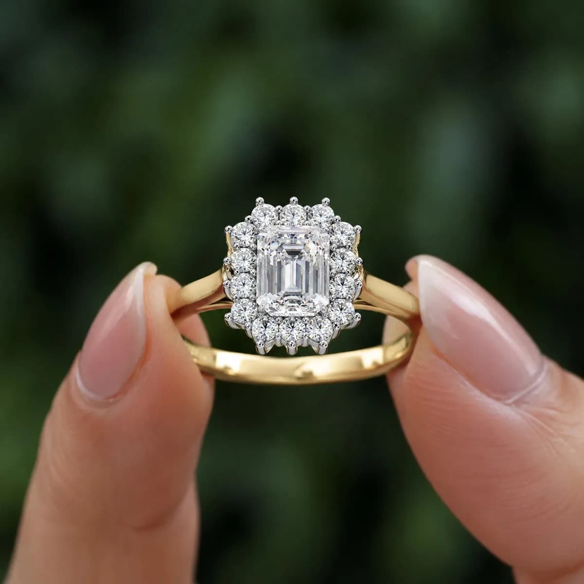 Emerald cut lab grown diamond cluster halo engagement ring in yellow gold held between fingertips