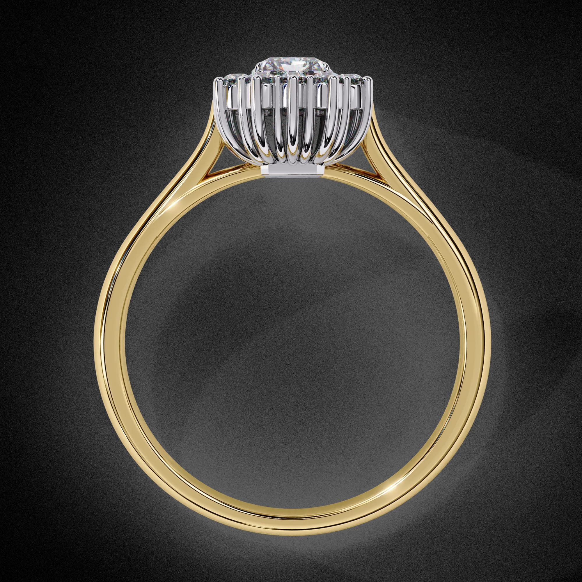 Emerald cut lab grown diamond cluster halo engagement ring in yellow gold, through-finger view
