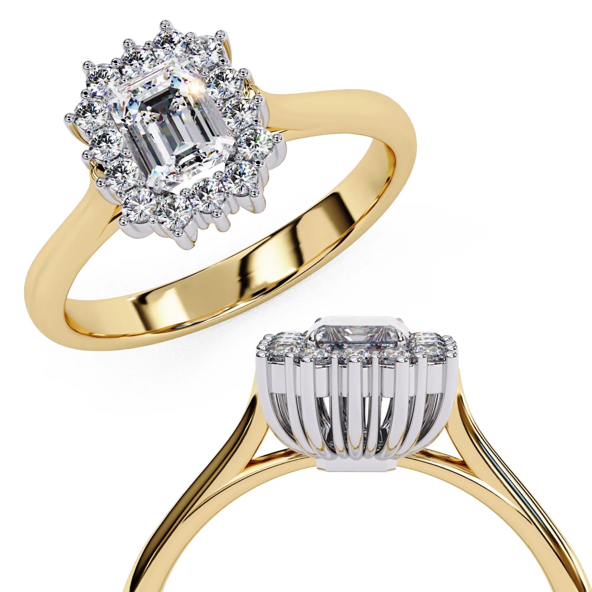 Emerald cut lab grown diamond cluster halo engagement ring in yellow gold, angled and through-finger detail views