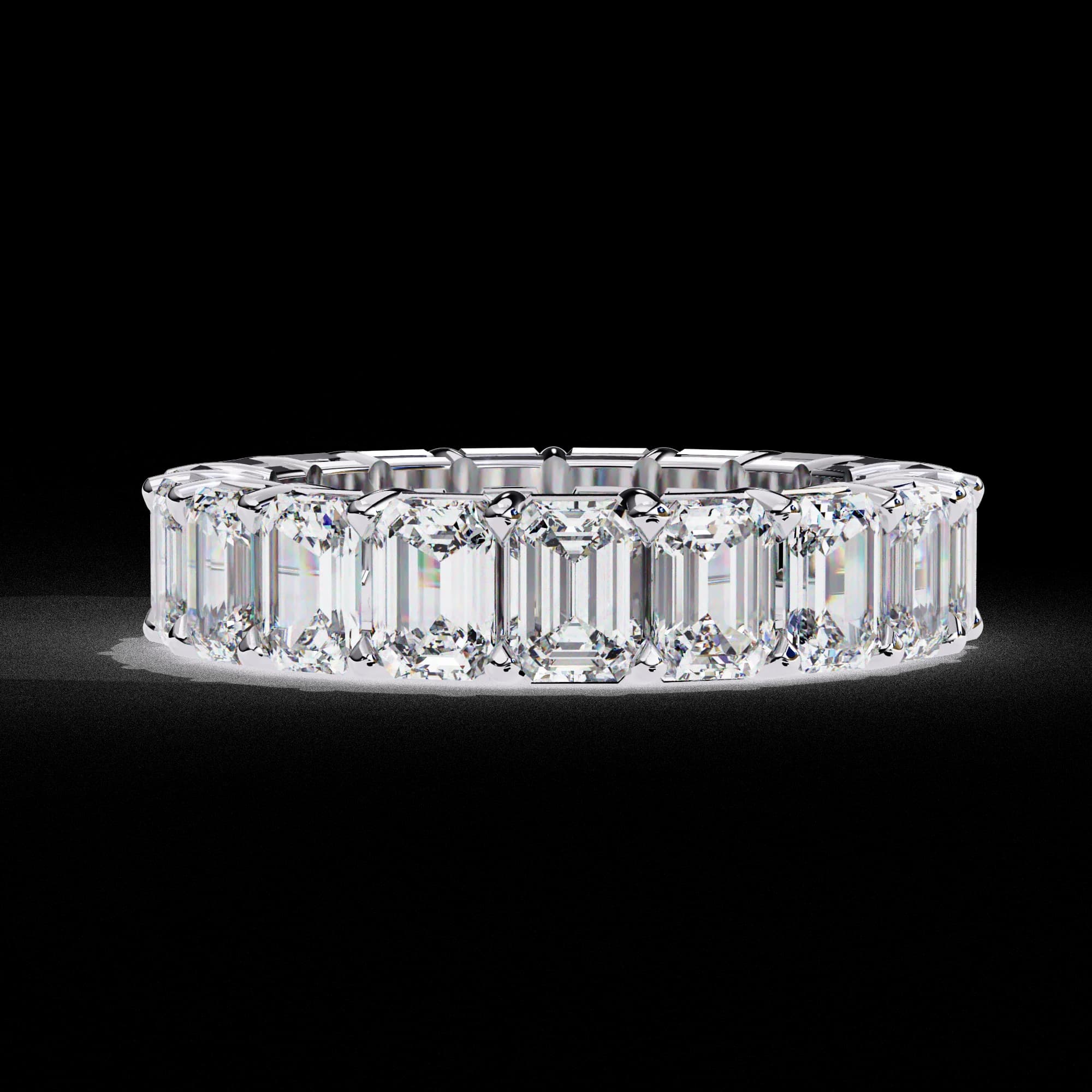 Emerald cut lab grown diamond full eternity wedding band in white gold, front view