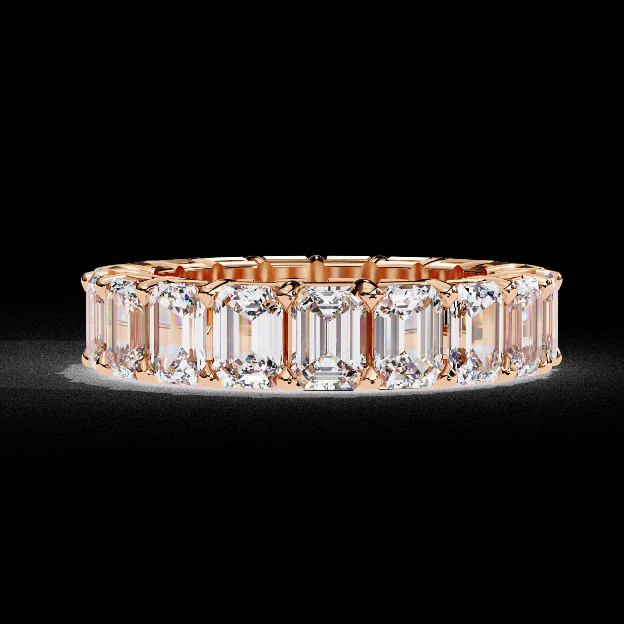 Emerald cut lab grown diamond full eternity wedding band in rose gold, front view