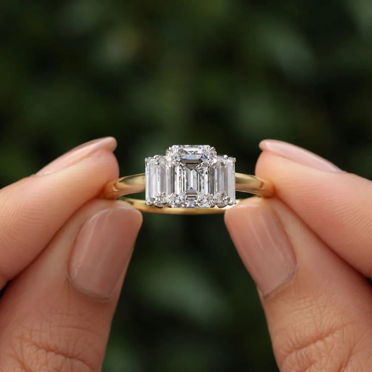 Emerald cut lab grown diamond three-stone engagement ring in yellow gold held between fingertips