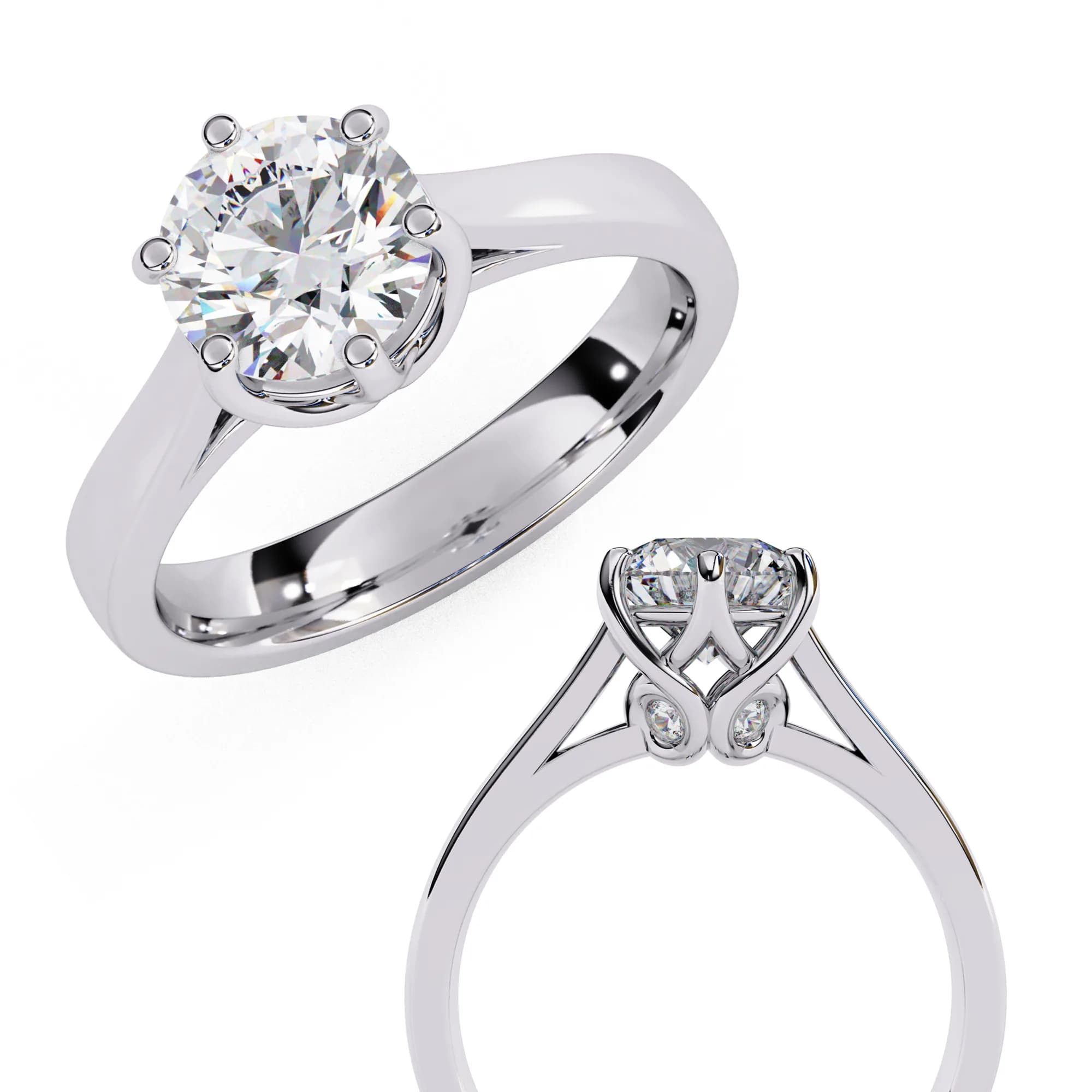 Round lab grown diamond six-claw solitaire engagement ring in white gold, two-view composition