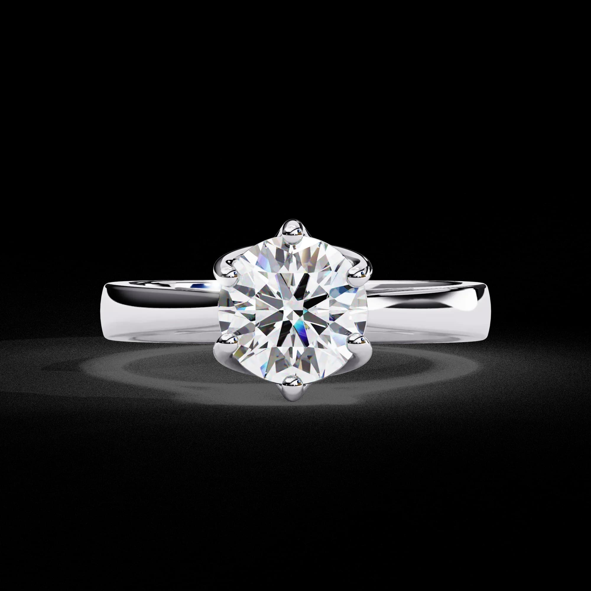 Round lab grown diamond six-claw solitaire engagement ring in white gold, front view