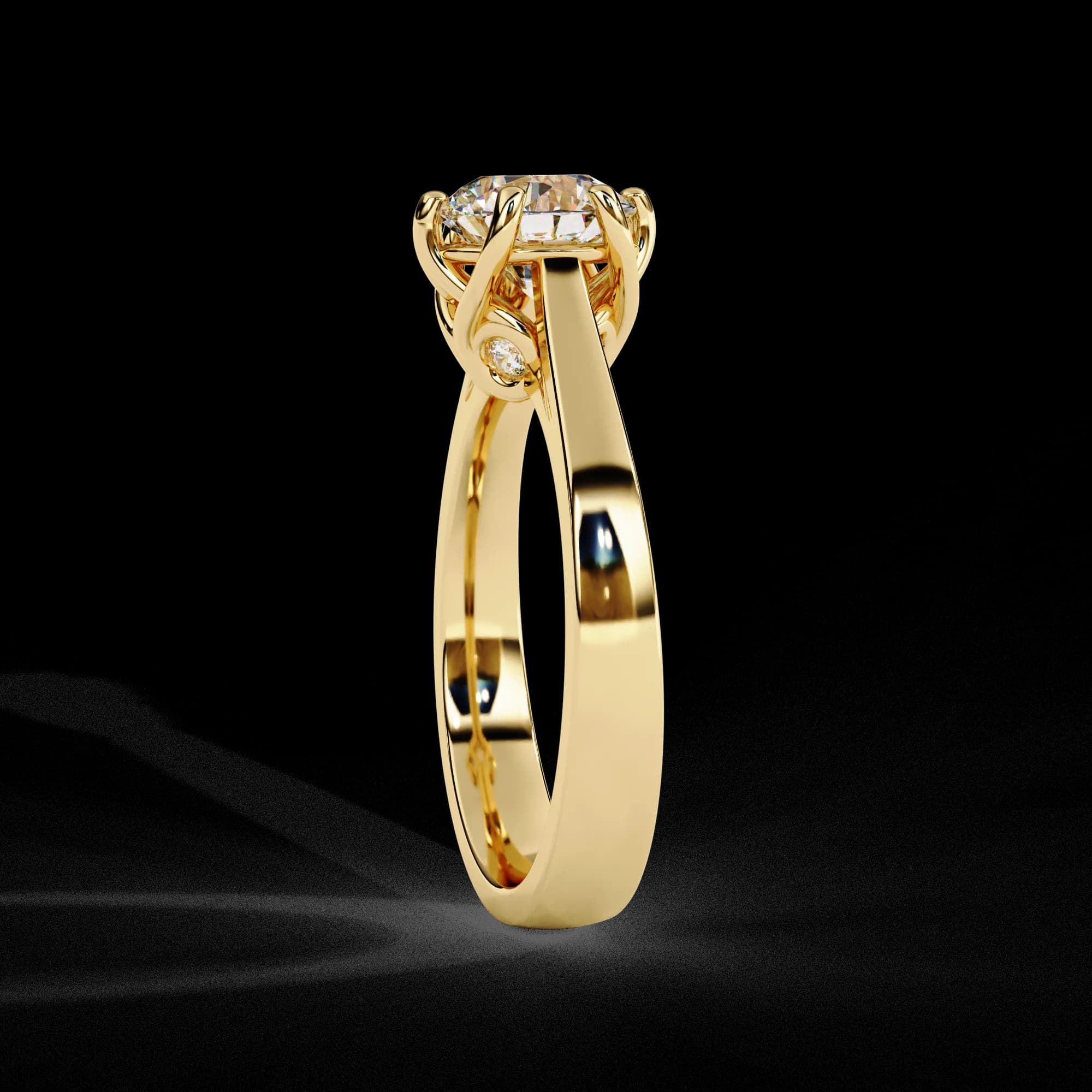 Round lab grown diamond six-claw solitaire engagement ring in yellow gold, side profile view