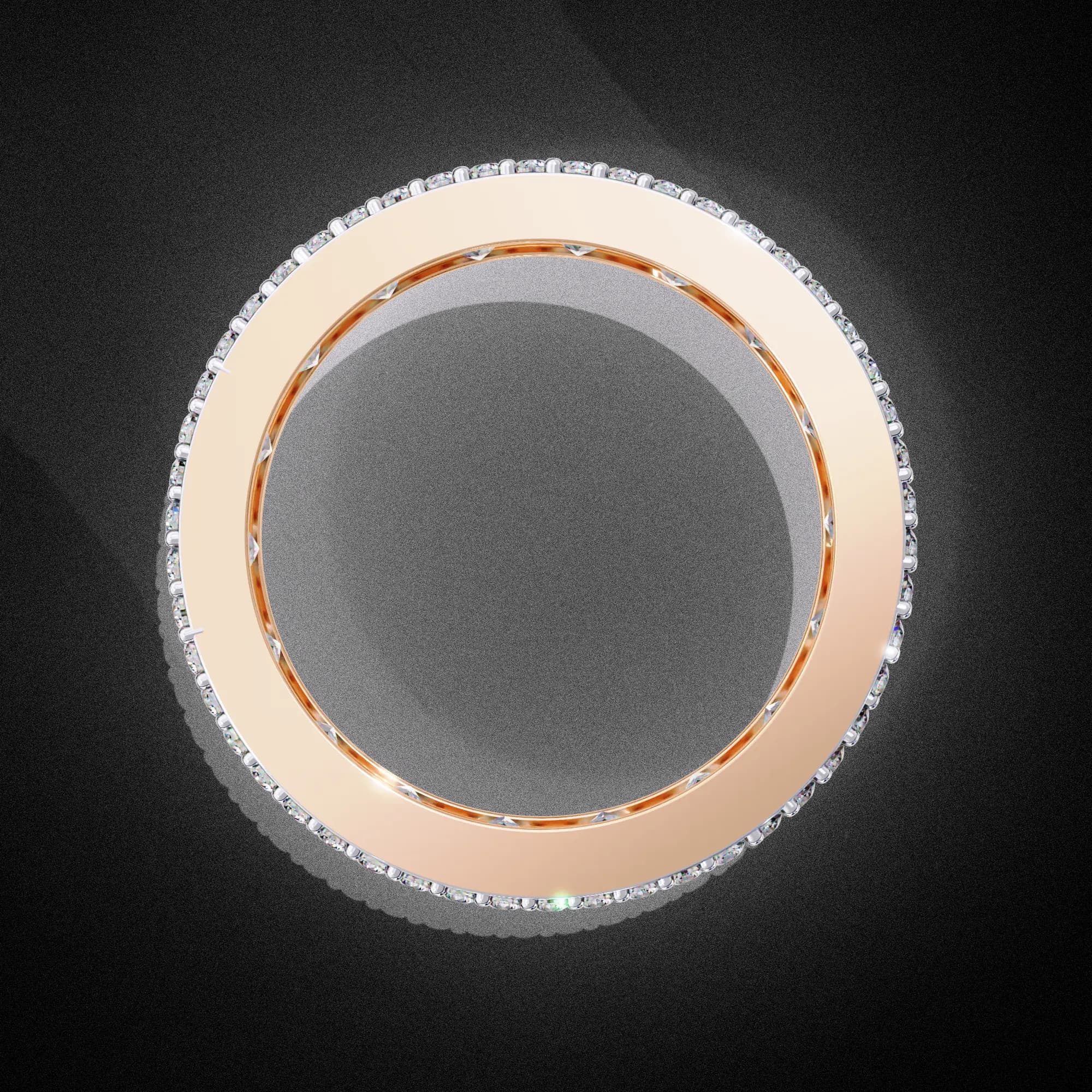 Princess cut lab grown diamond three-row eternity wedding band in rose gold, top view