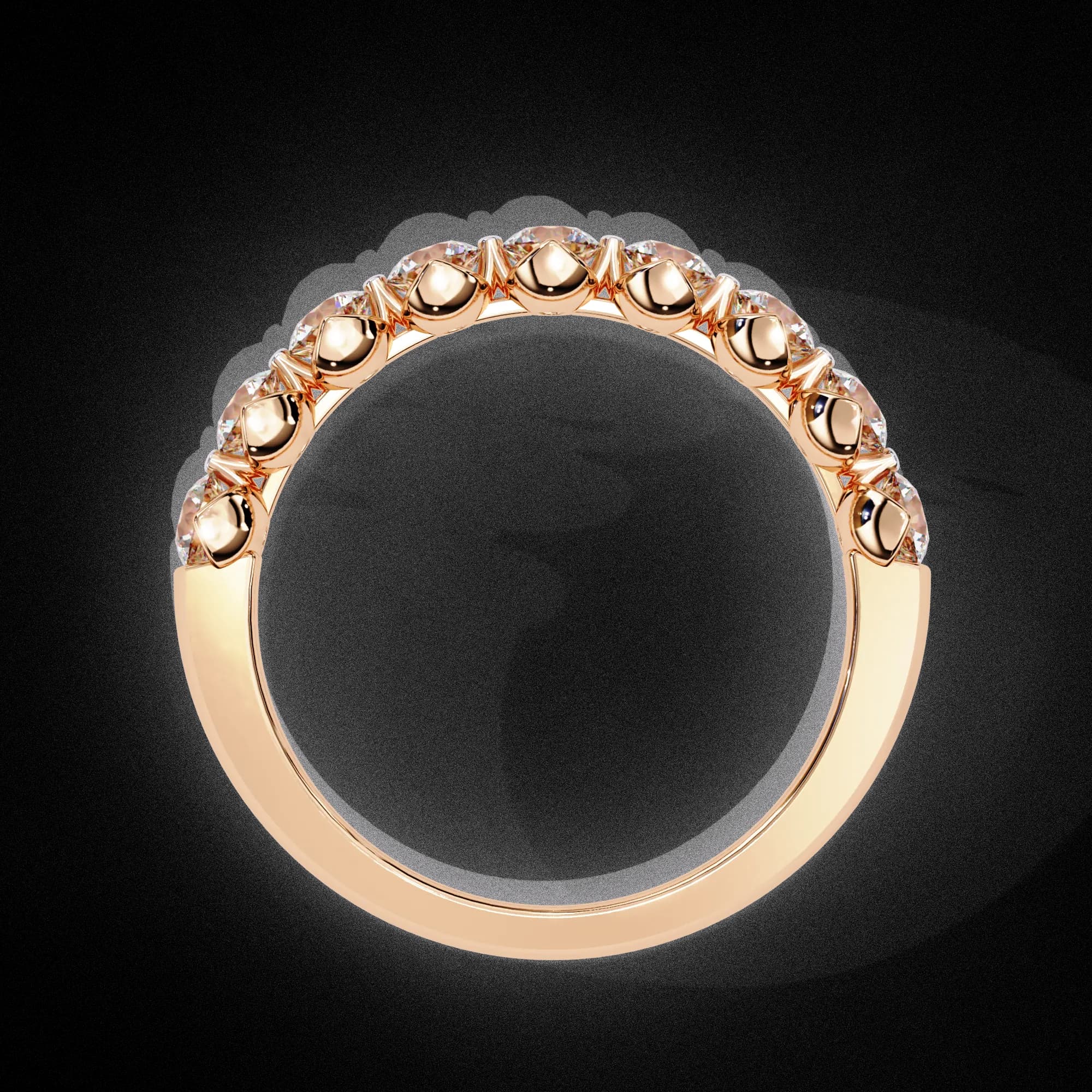 Round lab grown diamond half eternity wedding band in rose gold, through-finger view