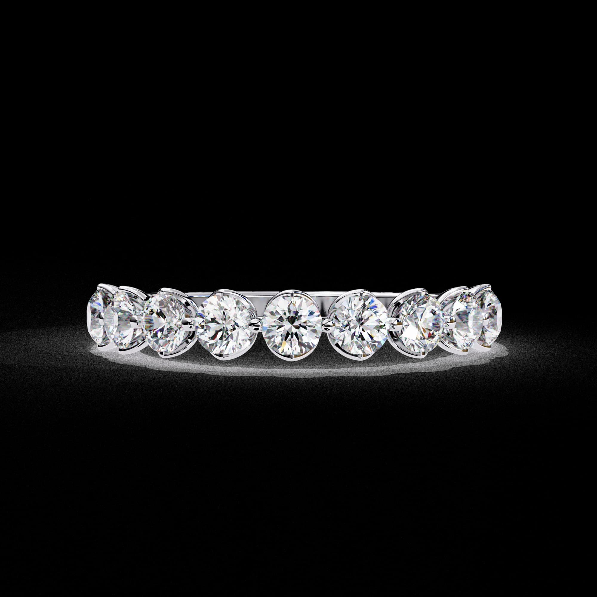 Round lab grown diamond half eternity wedding band in white gold, front view