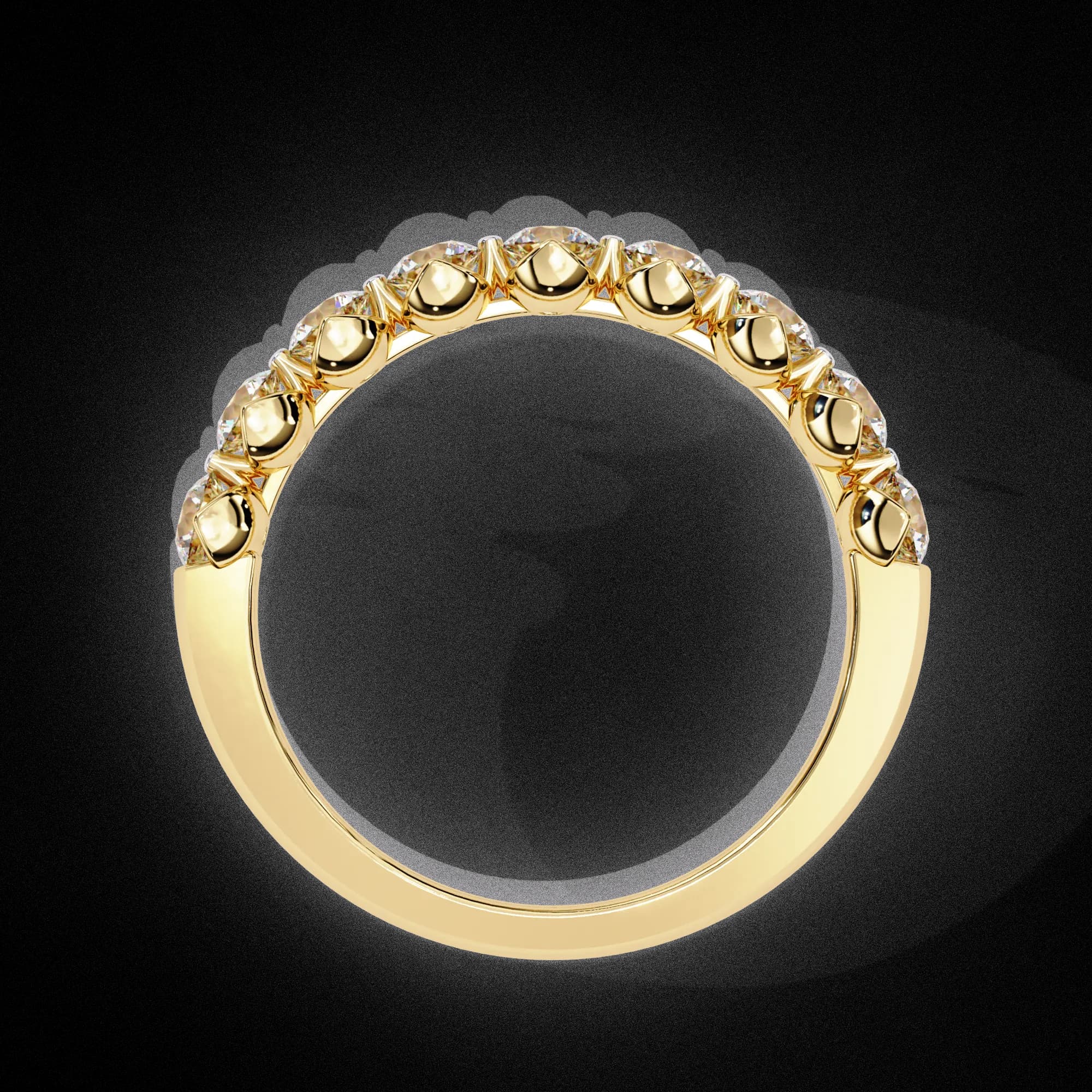 Round lab grown diamond half eternity wedding band in yellow gold, through-finger view