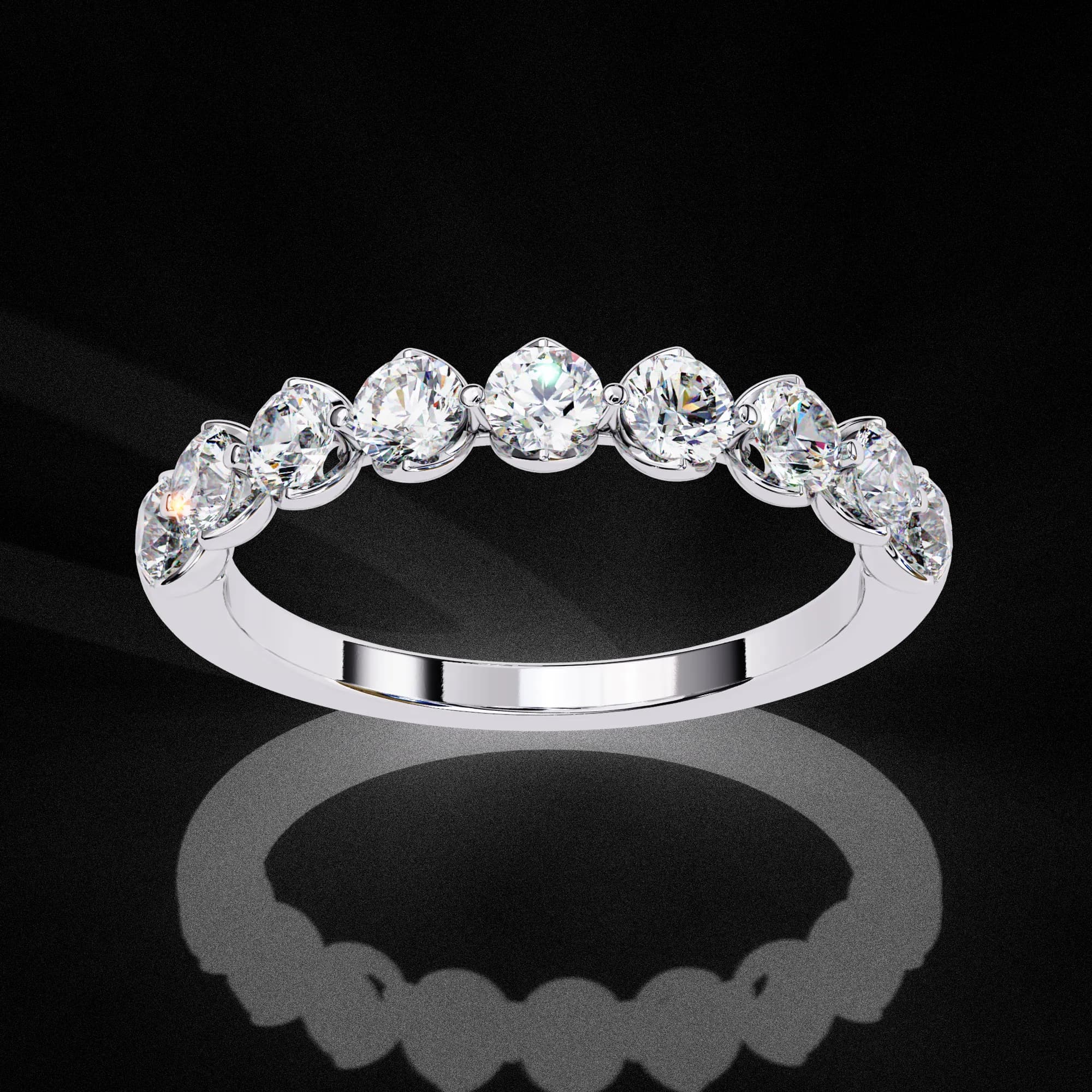 Round lab grown diamond half eternity wedding band in white gold, angled view