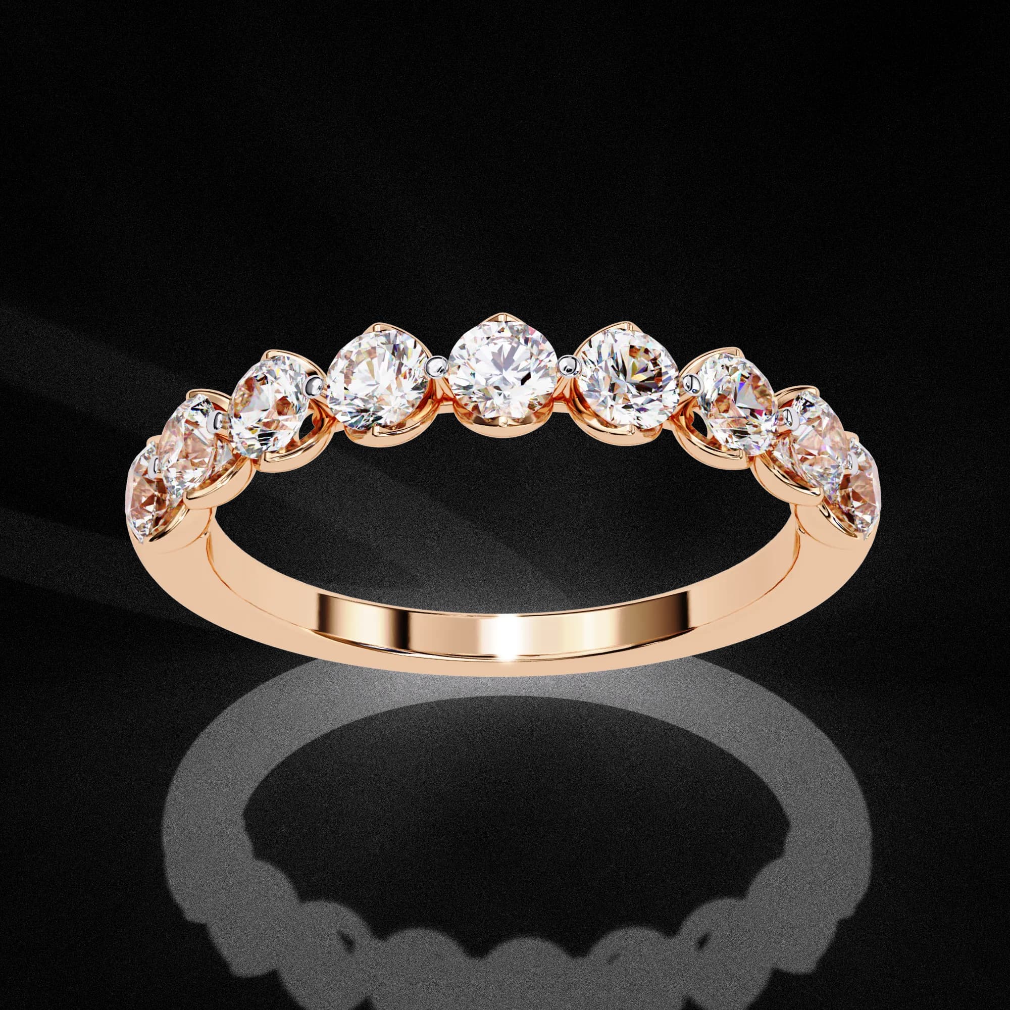 Round lab grown diamond half eternity wedding band in rose gold, angled view