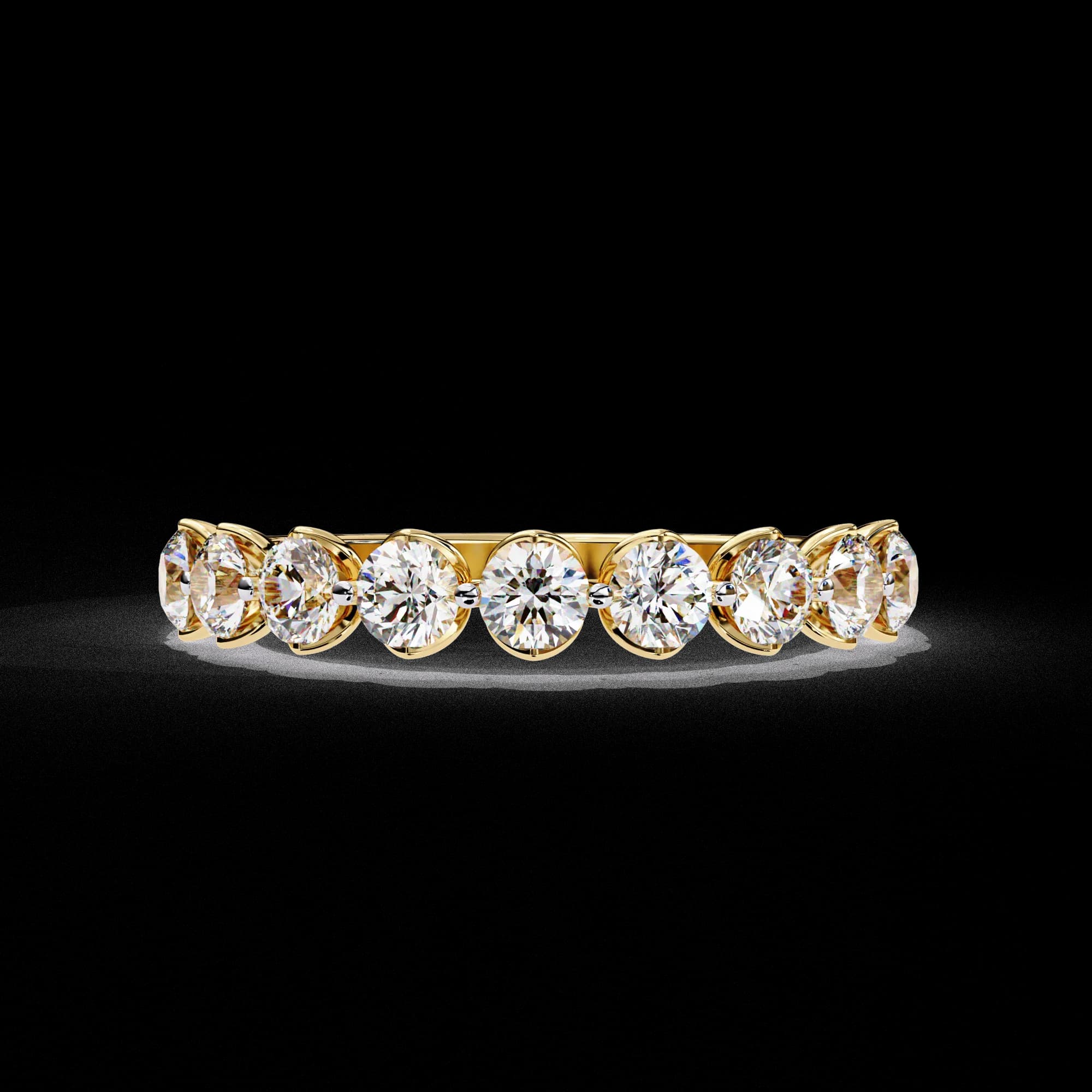 Round lab grown diamond half eternity wedding band in yellow gold, front view