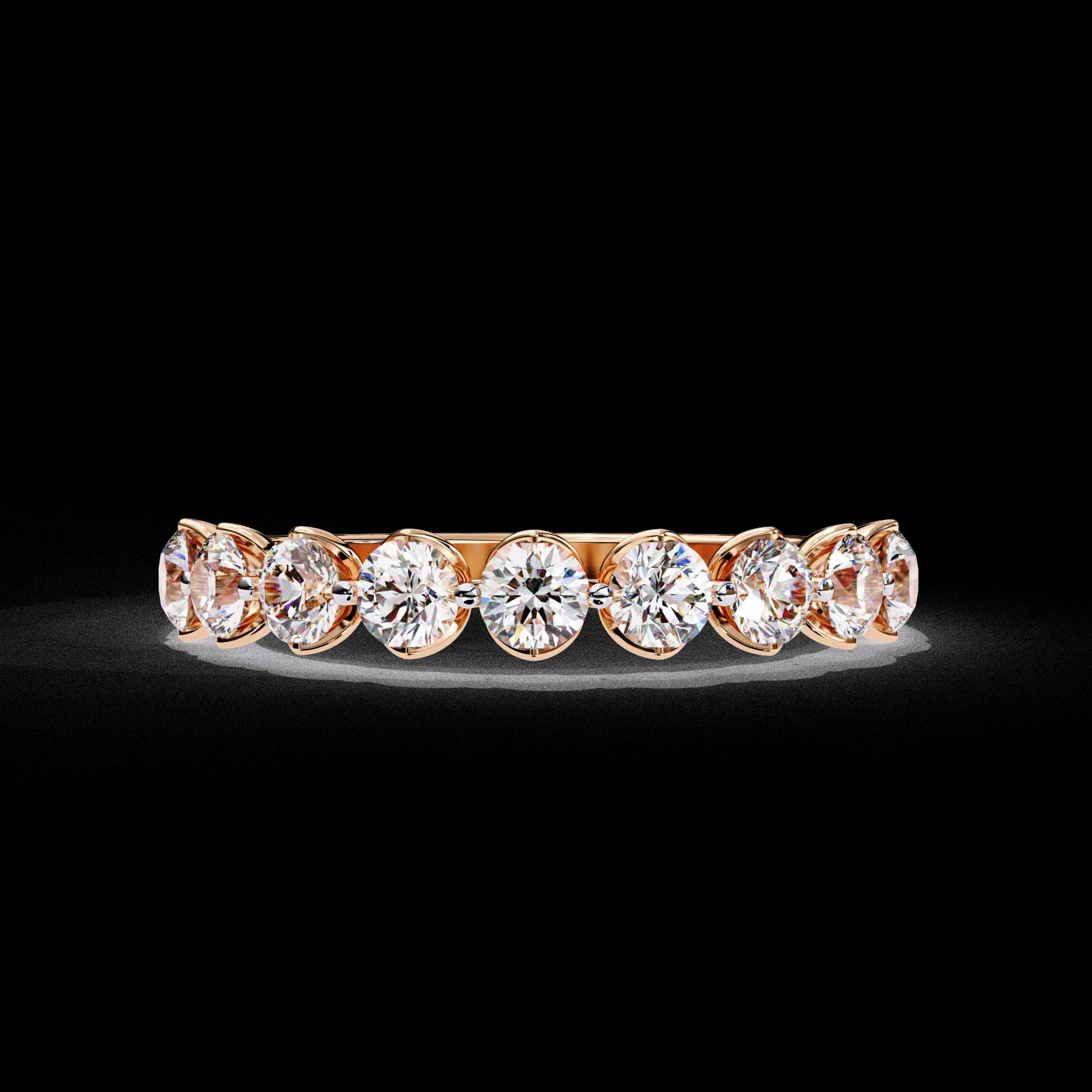 Round lab grown diamond half eternity wedding band in rose gold, front view