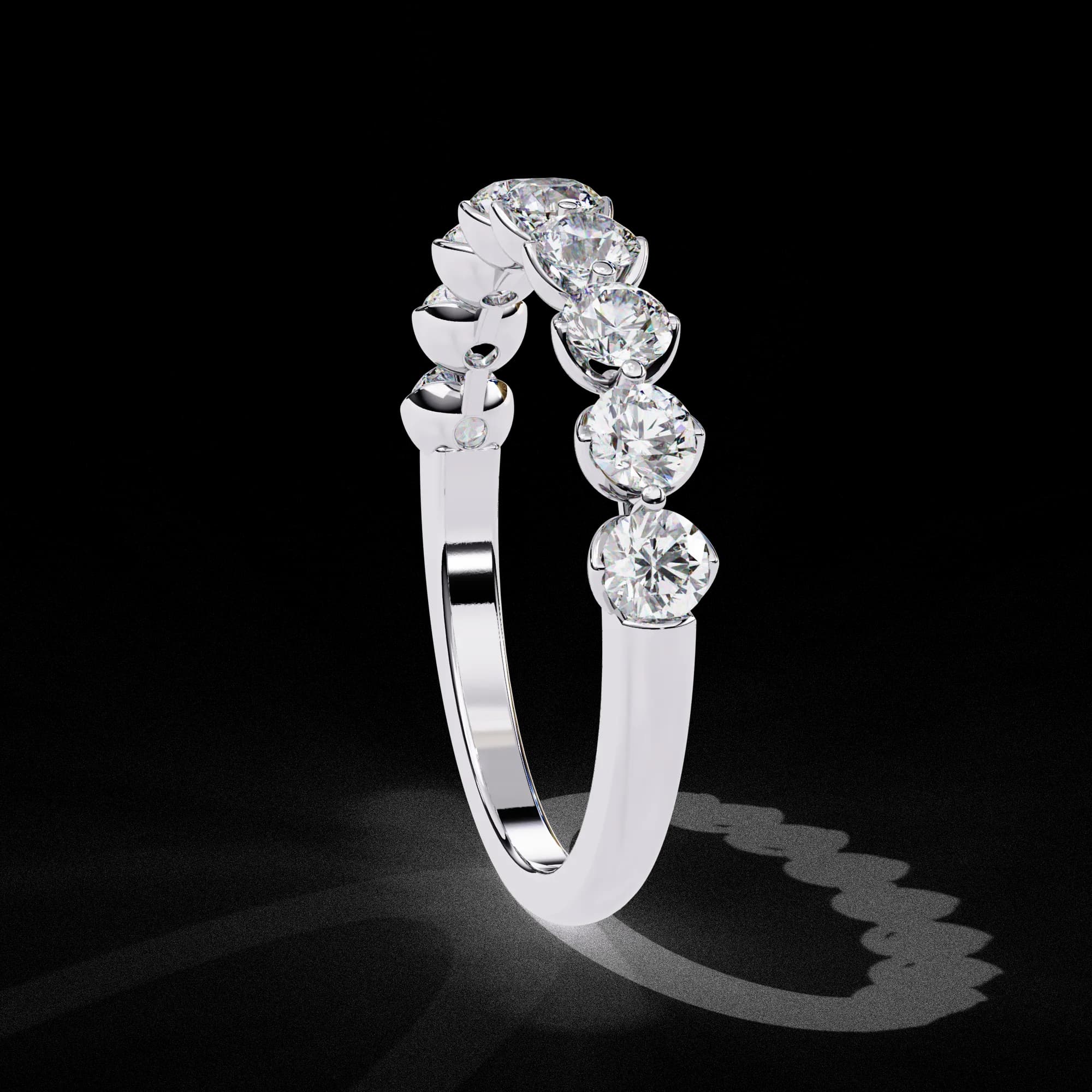 Round lab grown diamond half eternity wedding band in white gold, side profile view