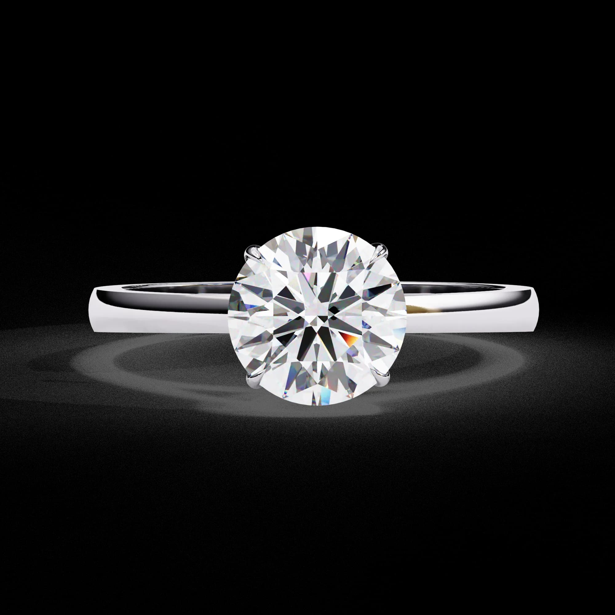 Round lab grown diamond cathedral solitaire engagement ring in white gold, front view