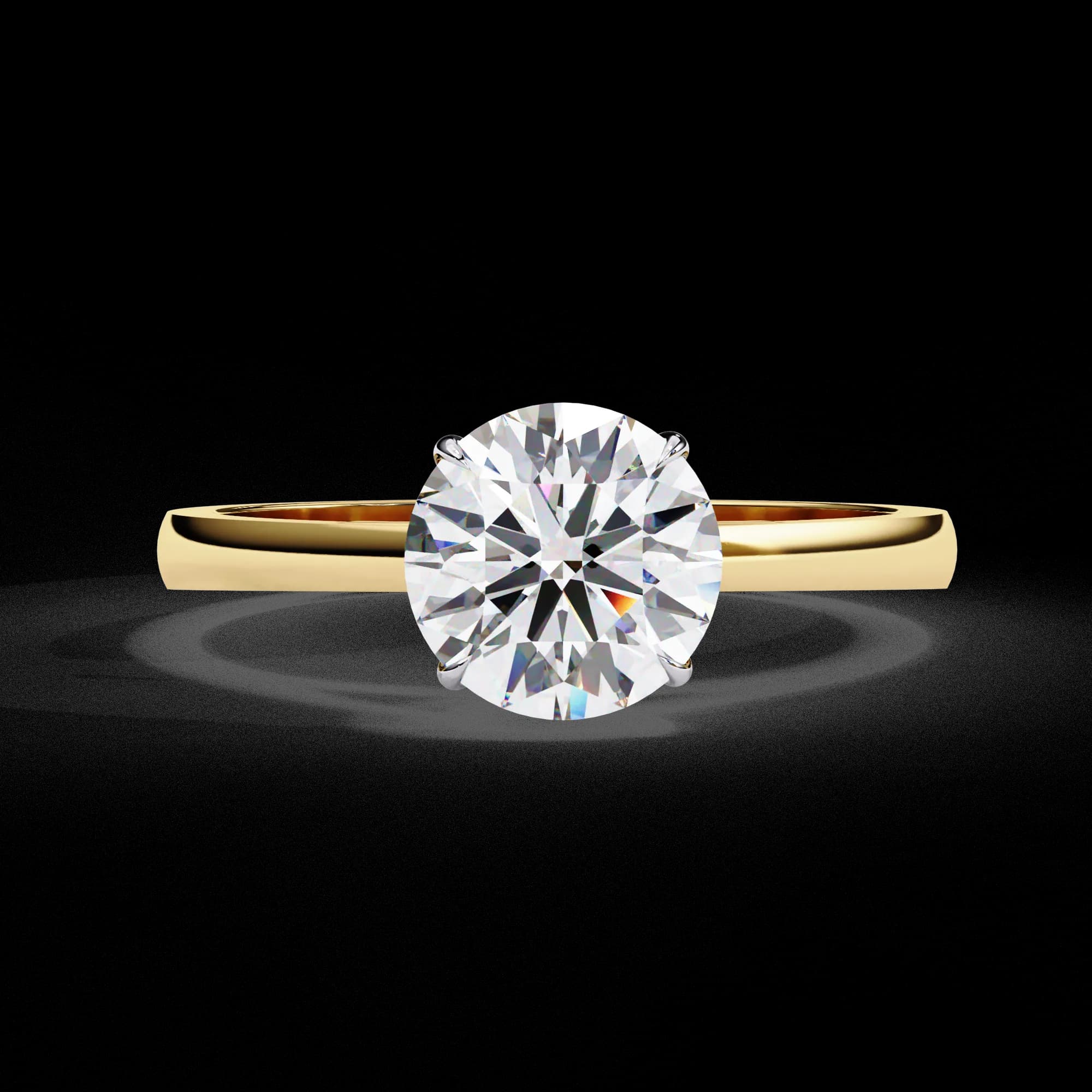 Round lab grown diamond cathedral solitaire engagement ring in yellow gold, front view