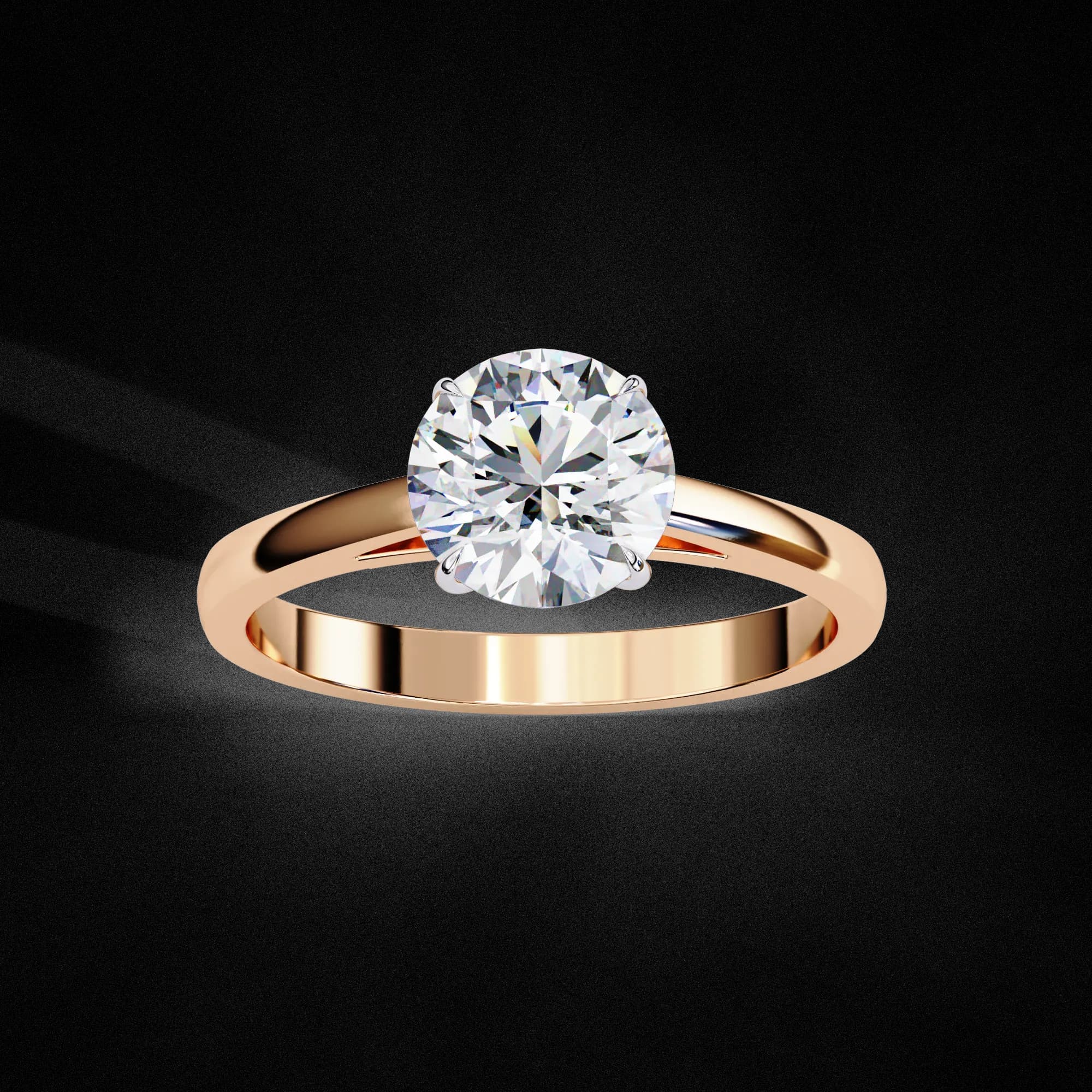 Round lab grown diamond cathedral solitaire engagement ring in rose gold, angled view