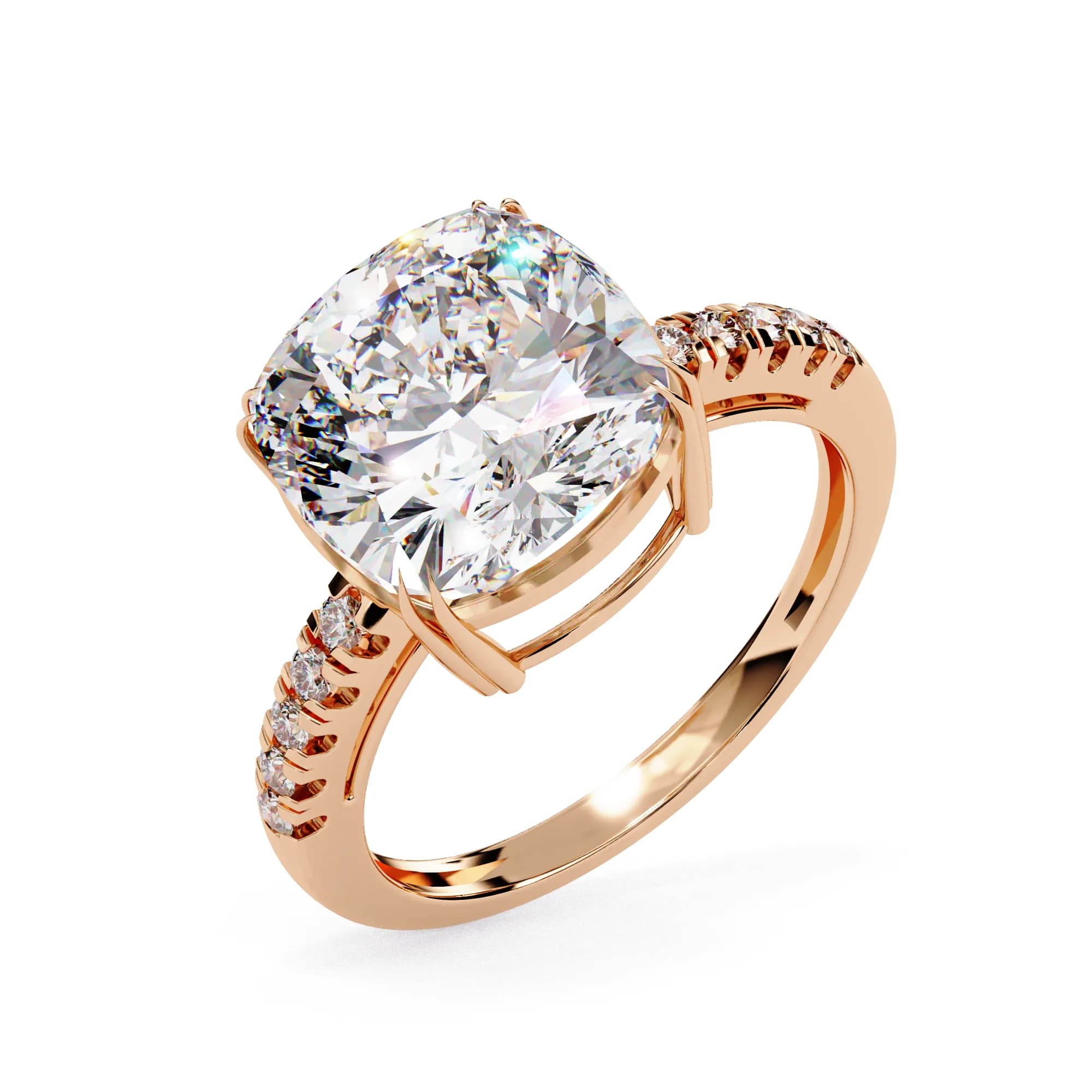 Cushion cut lab grown diamond double claw pavé engagement ring in rose gold, angled view