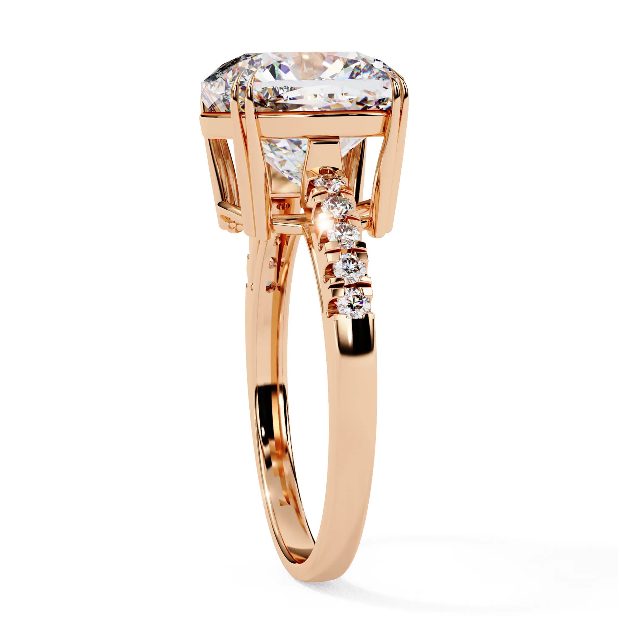 Cushion cut lab grown diamond double claw pavé engagement ring in rose gold, profile view