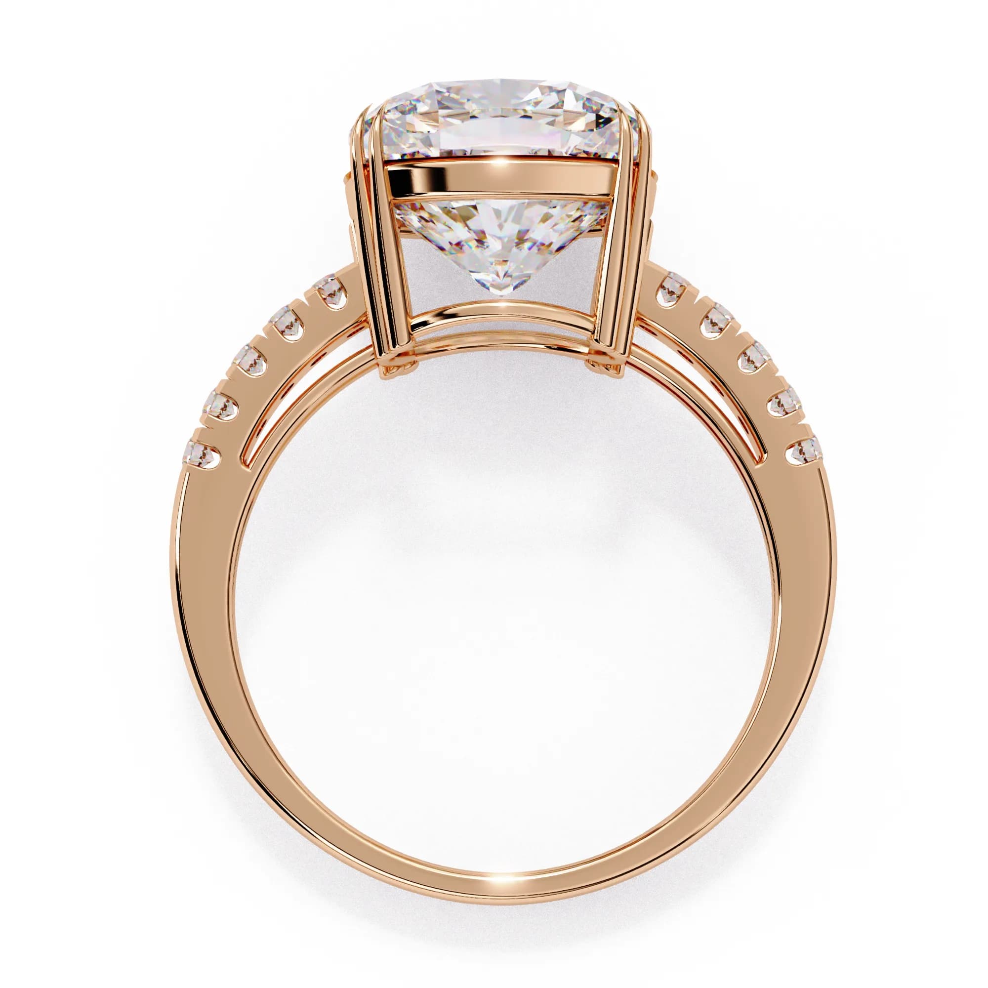 Cushion cut lab grown diamond double claw pavé engagement ring in rose gold, through-finger view