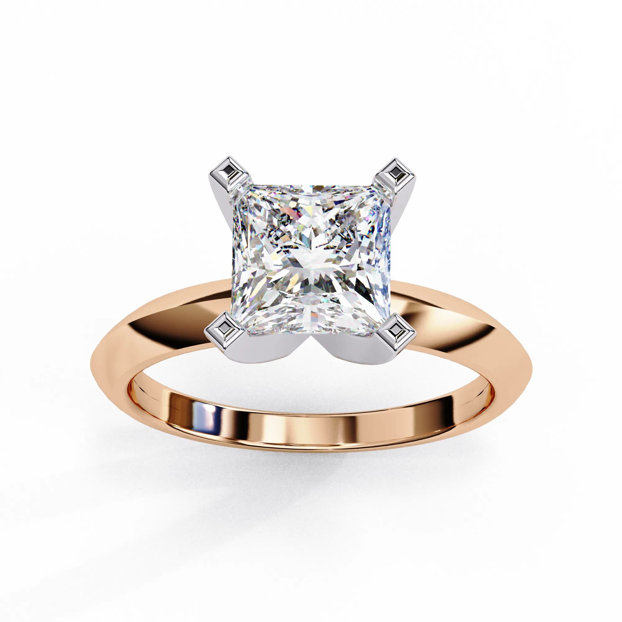 Princess cut lab grown diamond knife-edge solitaire engagement ring in rose gold, angled view